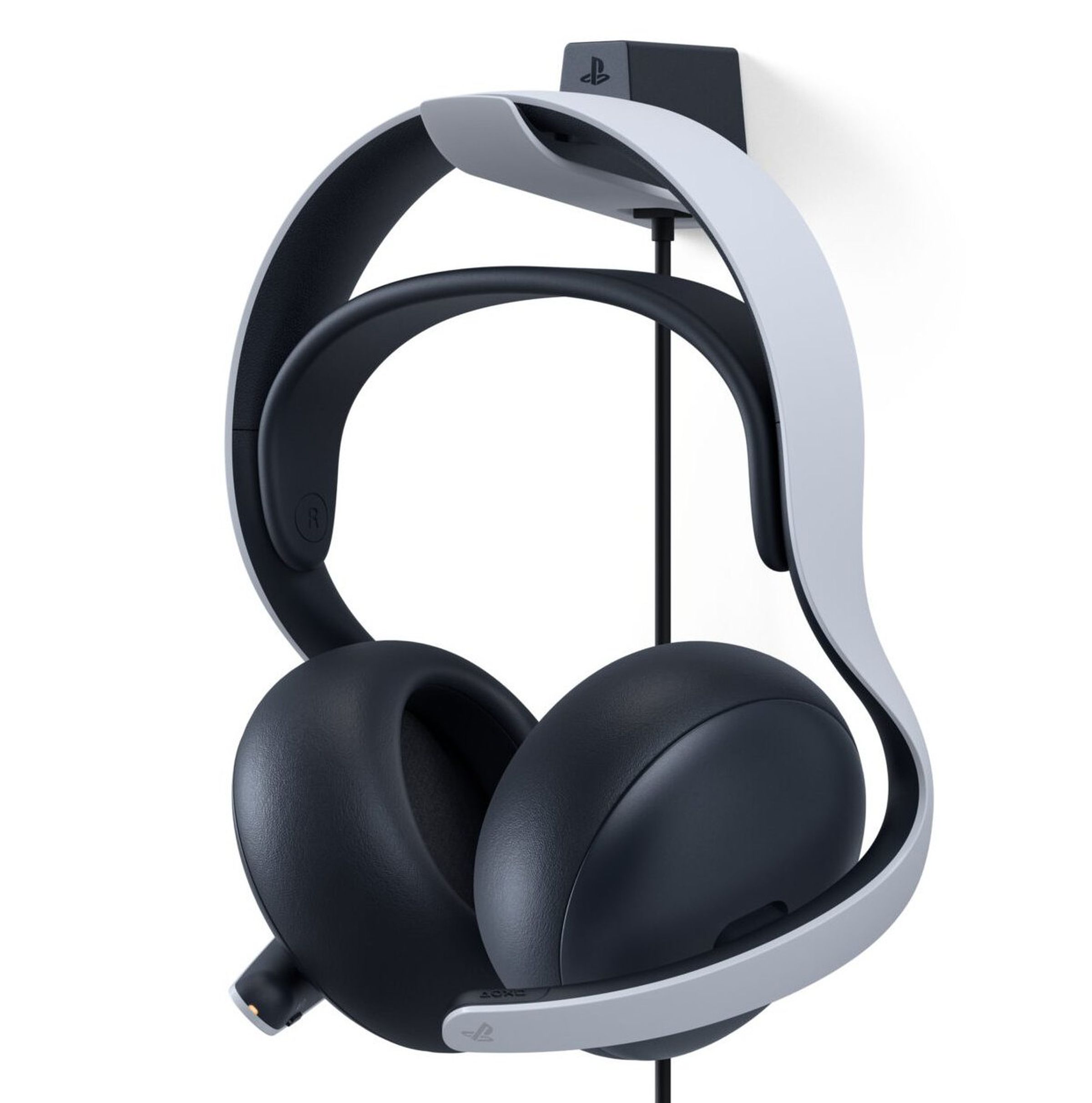 Headphones shown hanging from a mount, white strap and black ear cups.