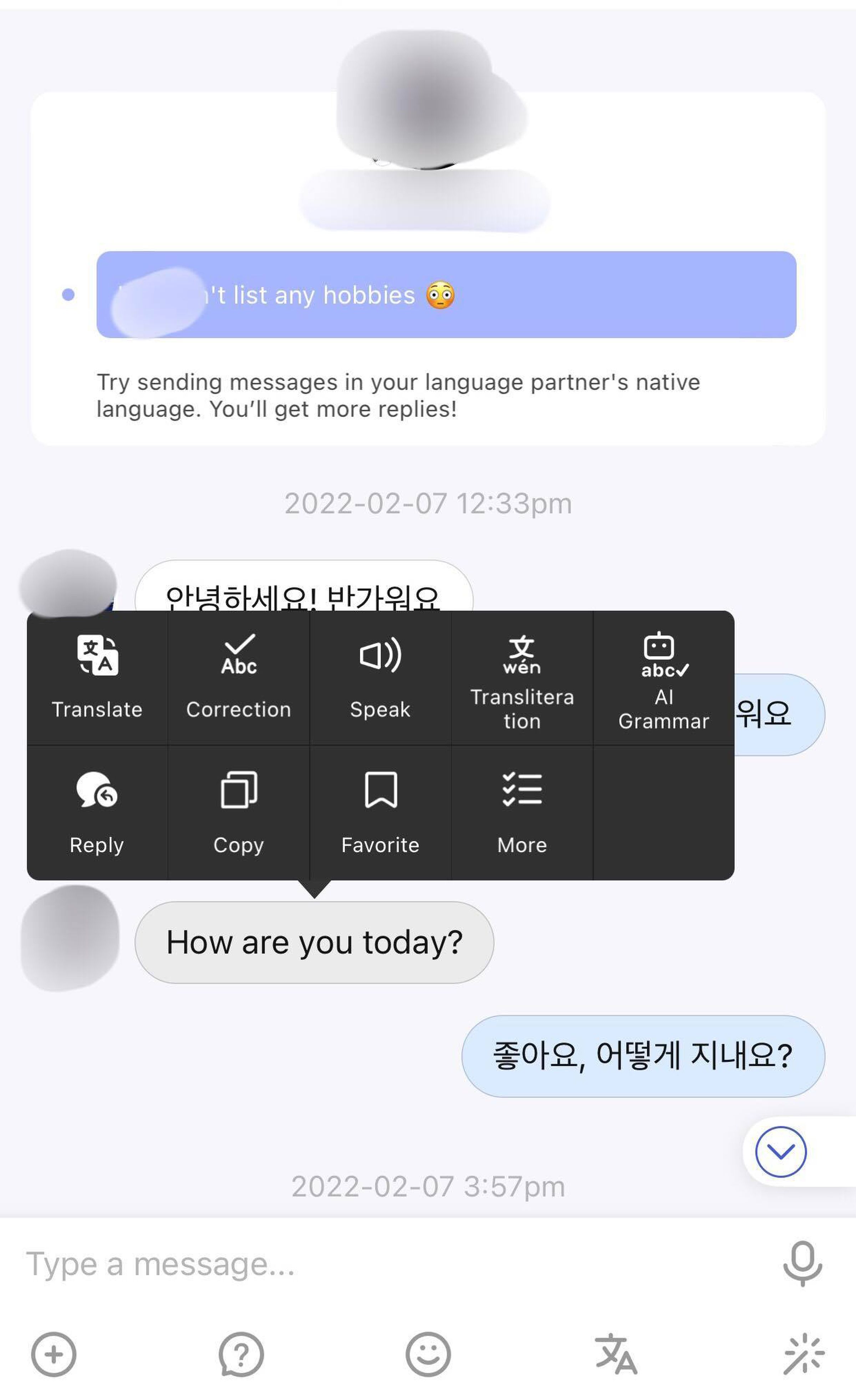 A screenshot of a conversation in the HelloTalk app. A menu hovers above one selected message including options for Translate, Correction, Speak, Transliteration, AI Grammar, Reply, Copy, Favorite, and More.