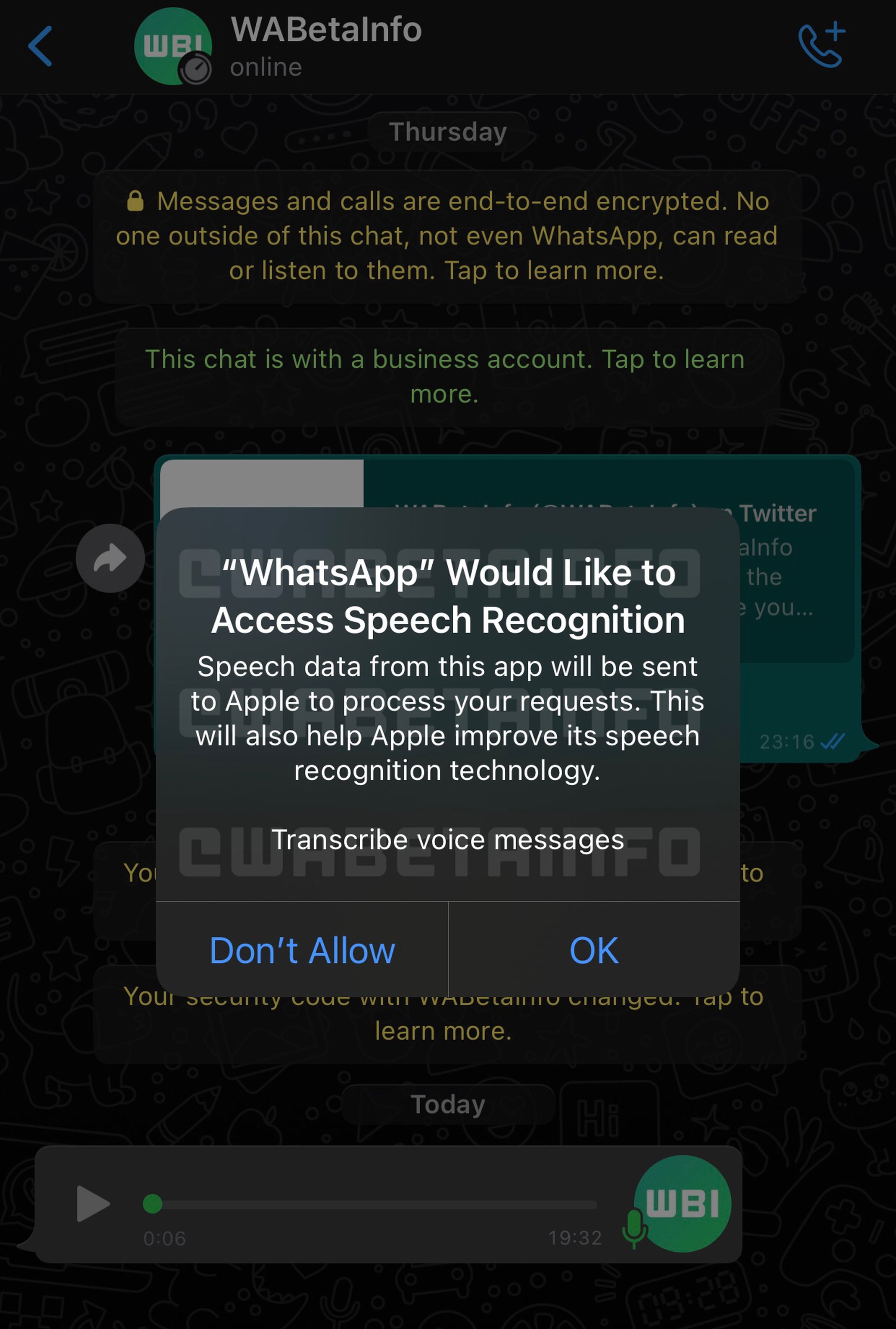 A popup warns that transcriptions involve sending speech data to Apple.
