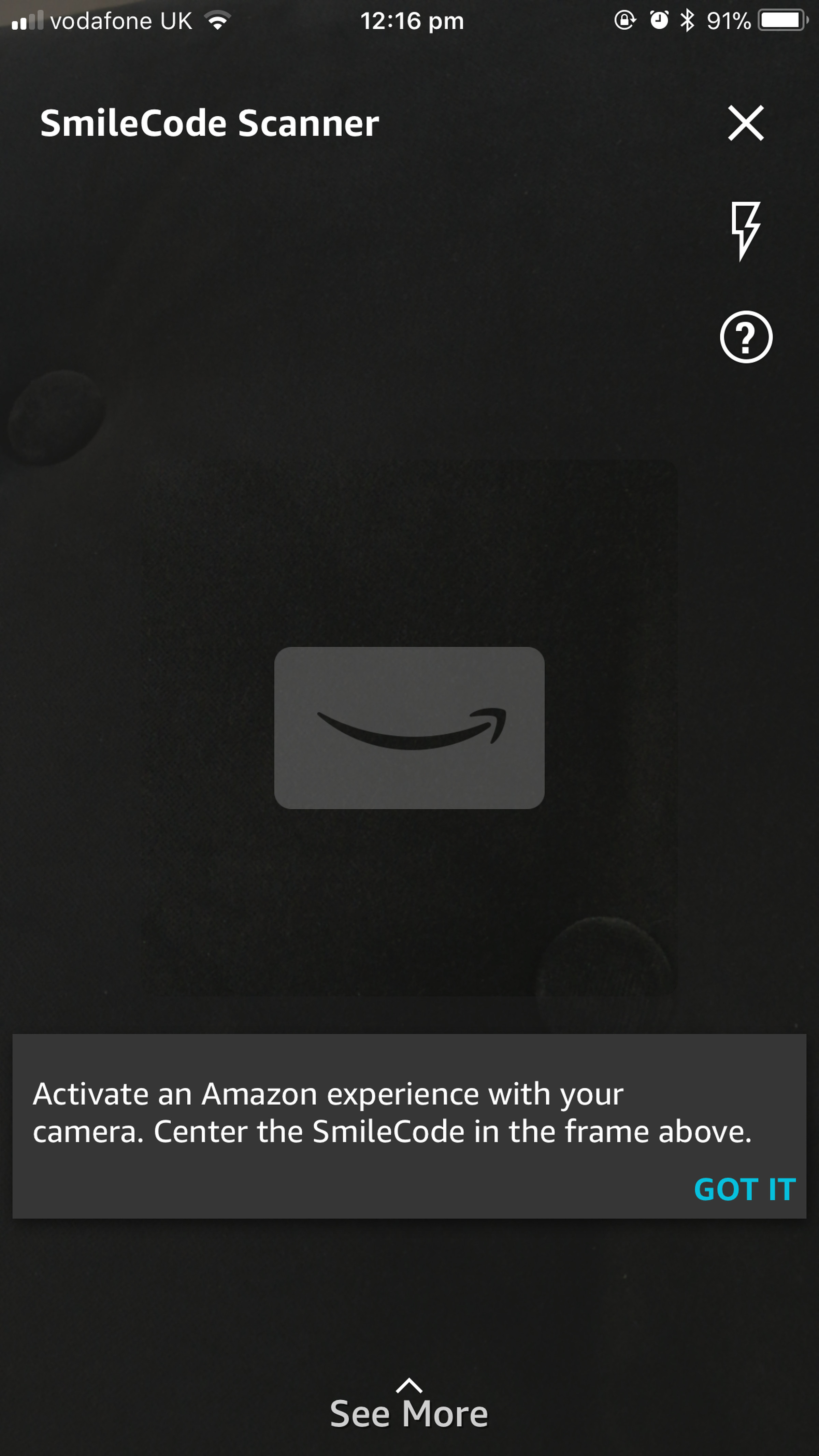 The SmileCode Scanner feature in the Amazon app.