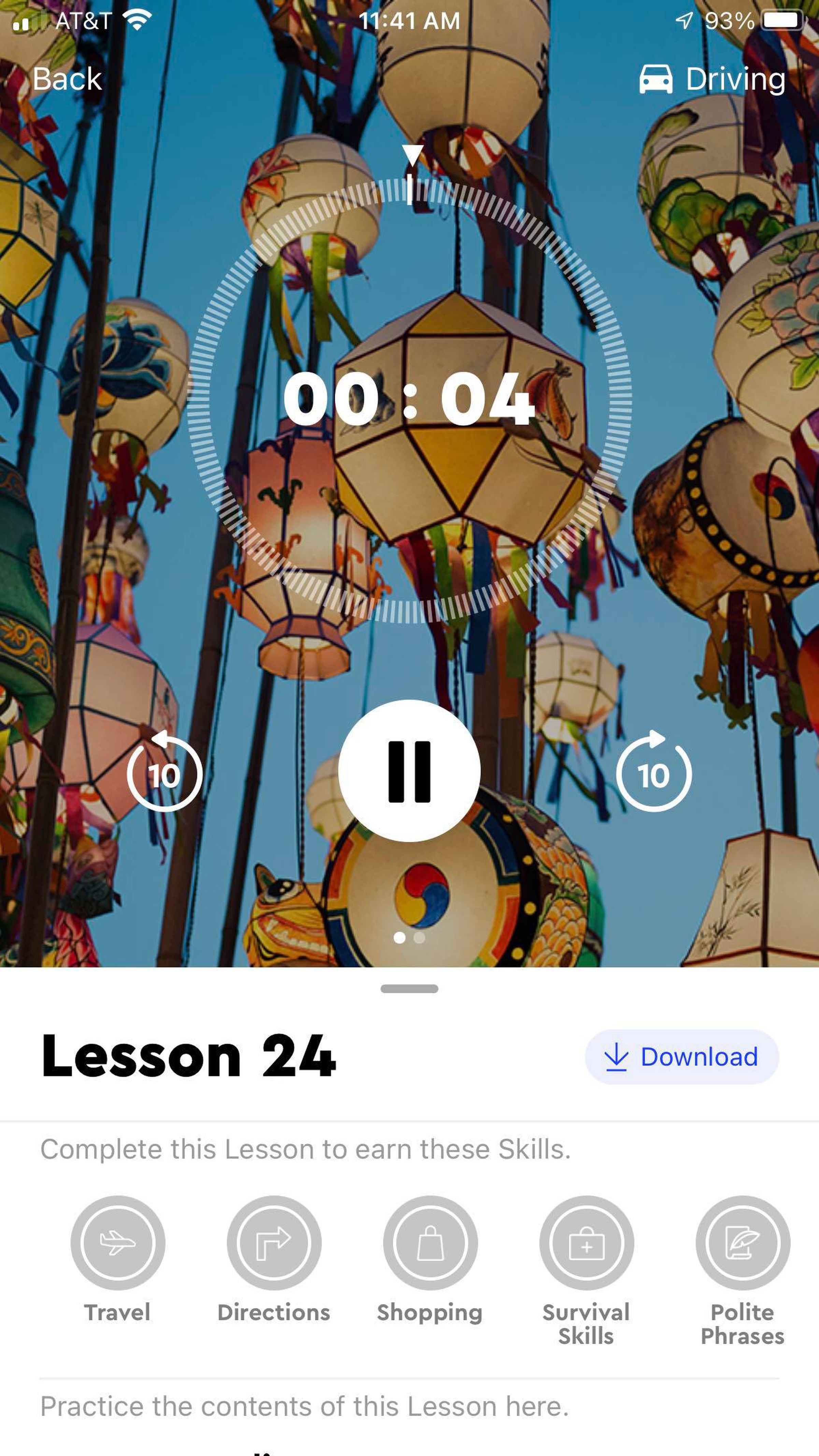 A screenshot of the Pimsleur app playing a lesson.