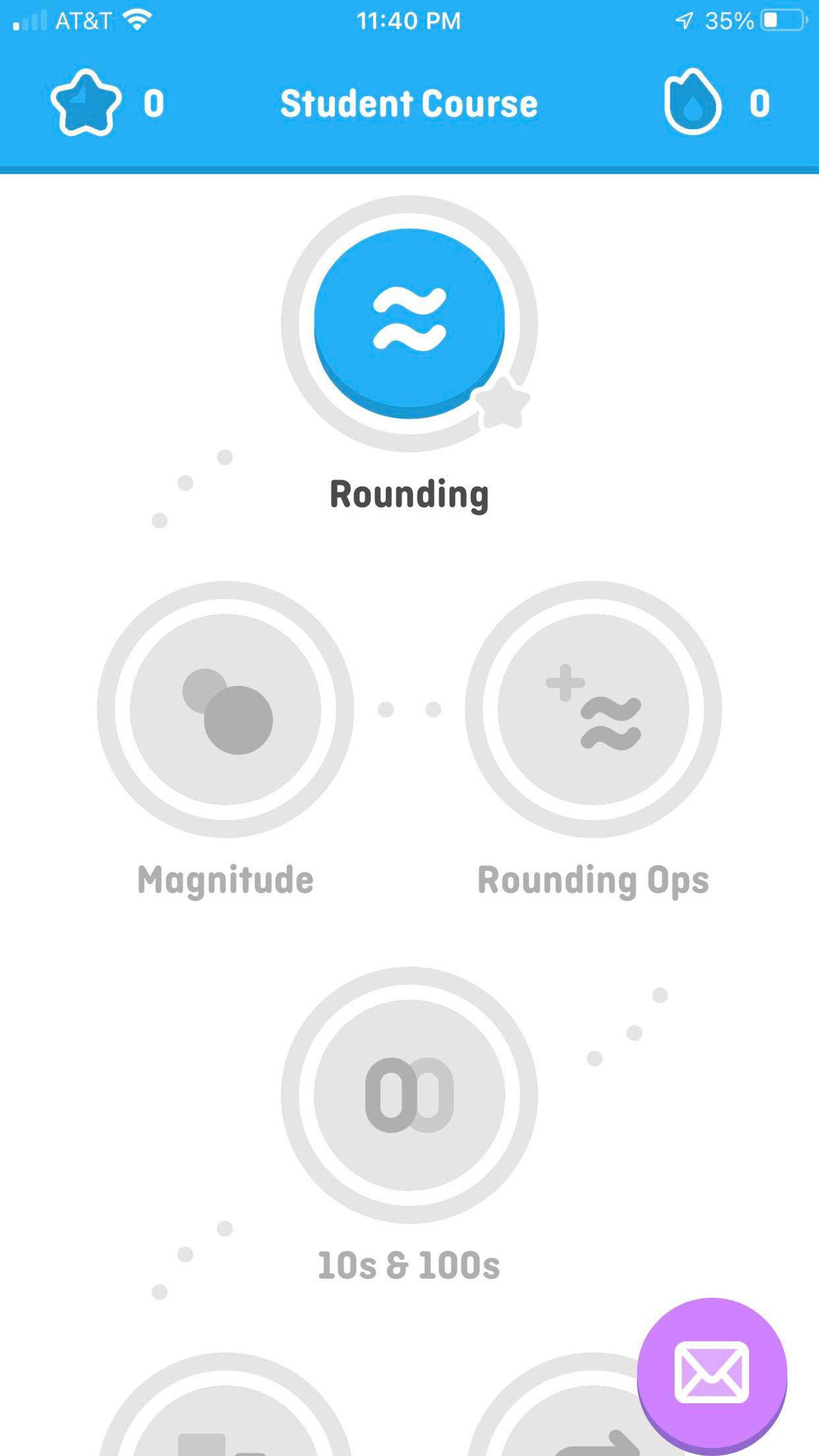 A screenshot of Duolingo Math including Rounding, Magntiude, Rounding Ops, and 10s lessons.