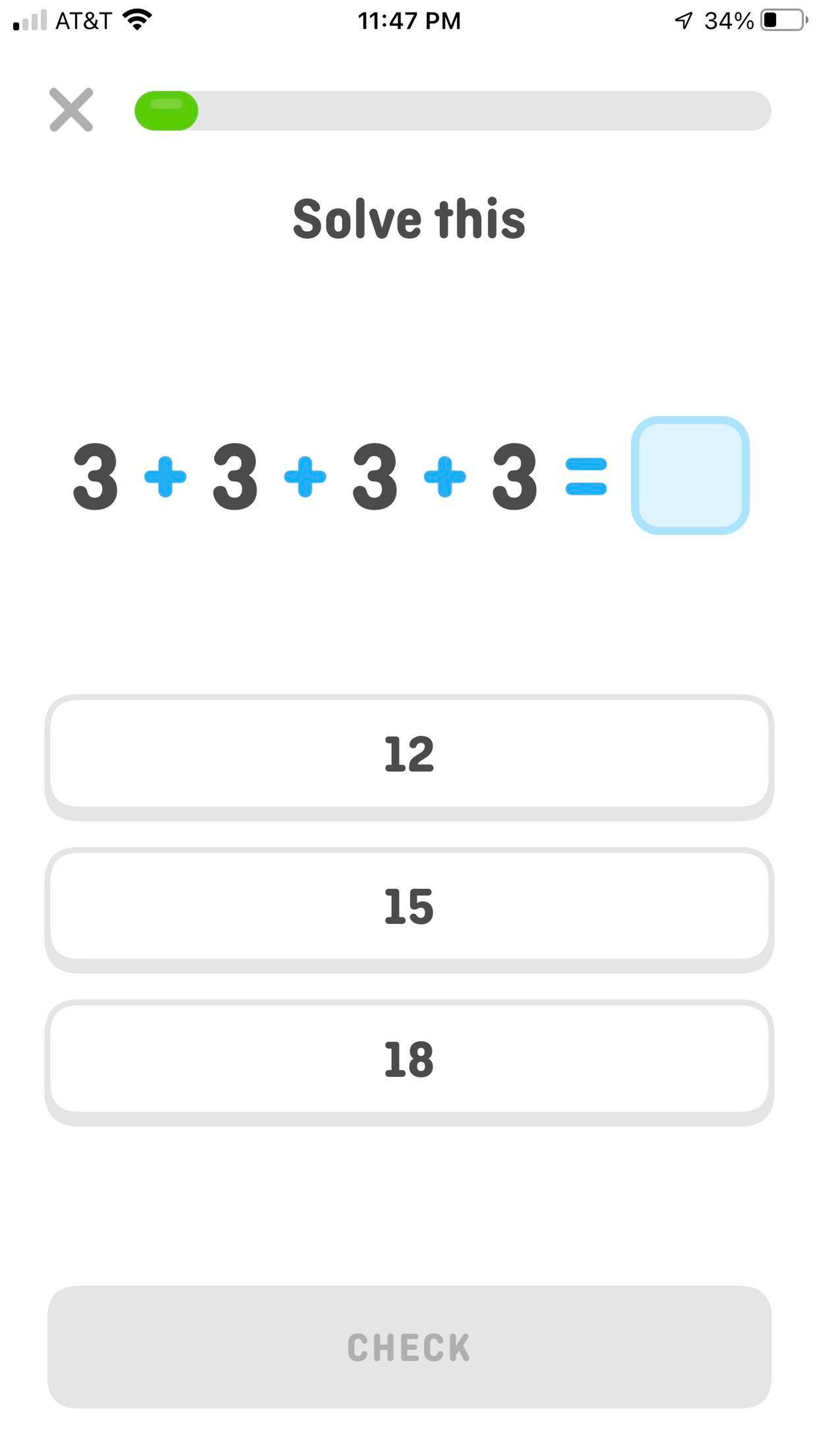 A screenshot of Duolingo Math. Text reads: Solve this: 3 + 3 + 3 + 3 = blank.
