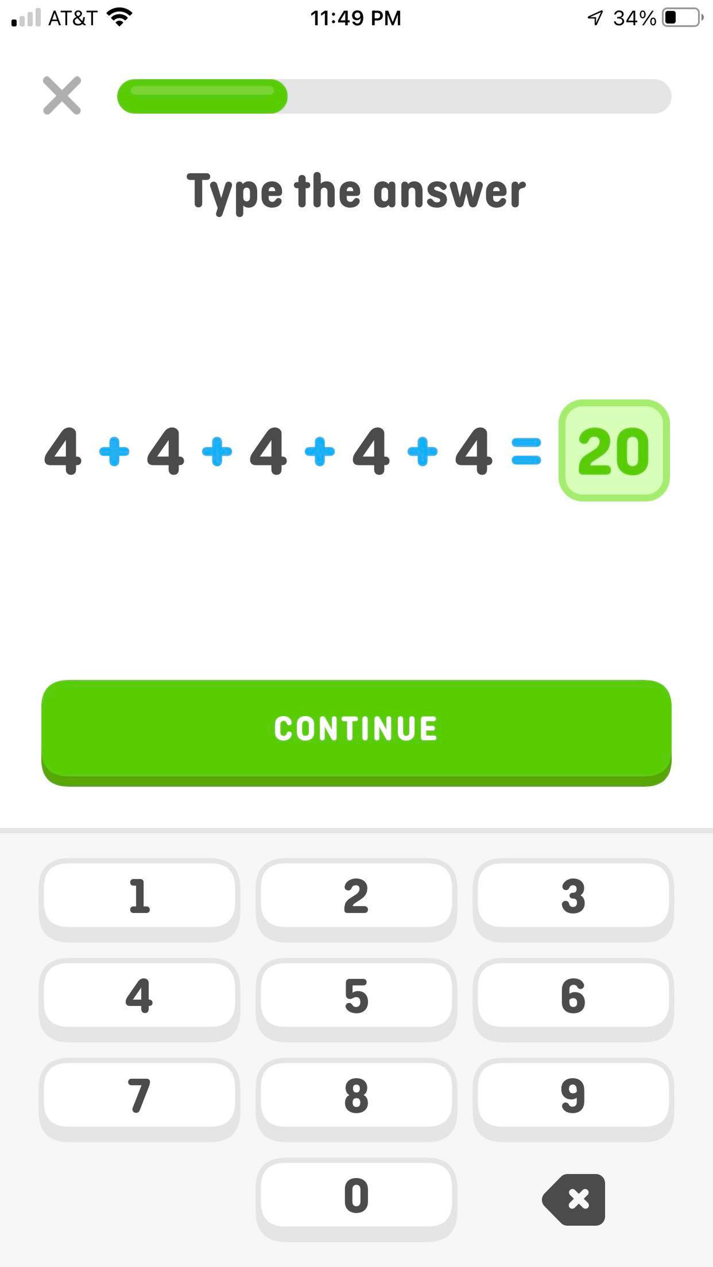 A screenshot of the Duolingo math app. Text reads: Type the answer: 4+4+4+4+4=20.