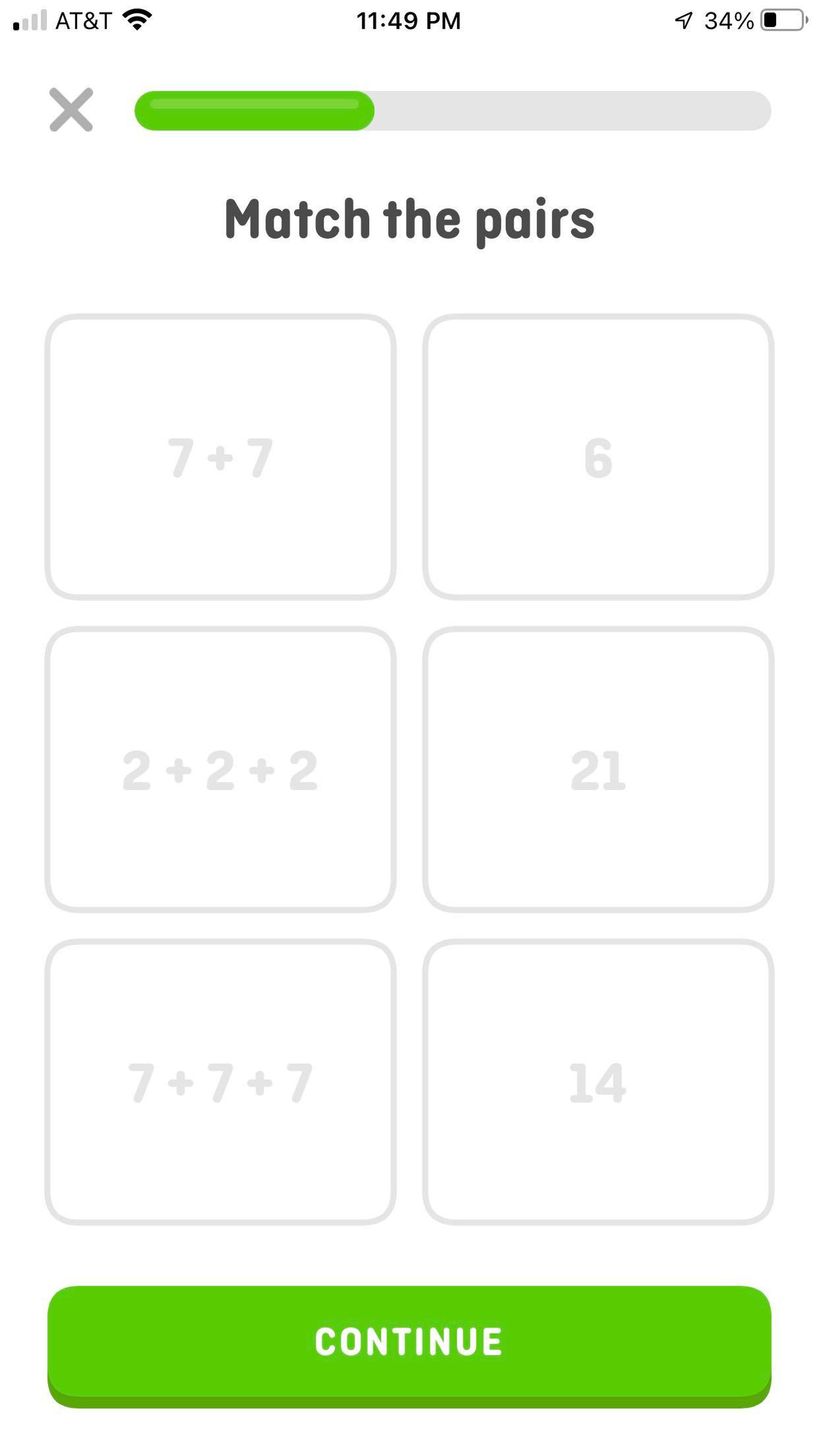 A screenshot of an exercise in the Duolingo math app. Text reads: Match the pairs.