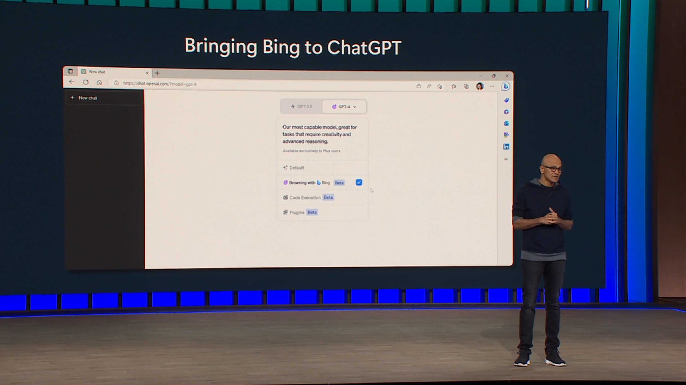 Microsoft CEO Satya Nadella announcing Bing in ChatGPT.
