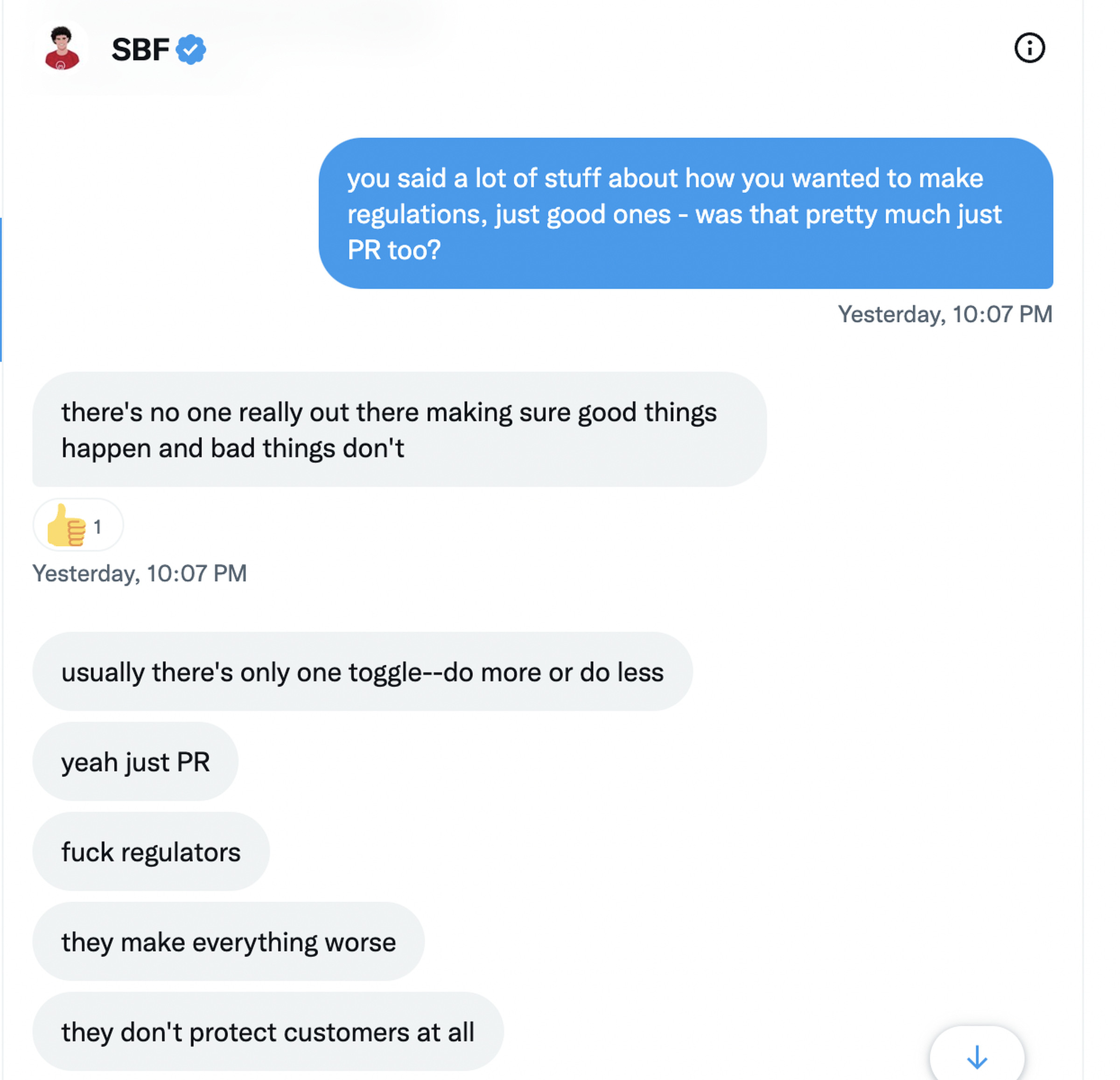Screenshot of SBF’s “fuck regulators” DM to a reporter.