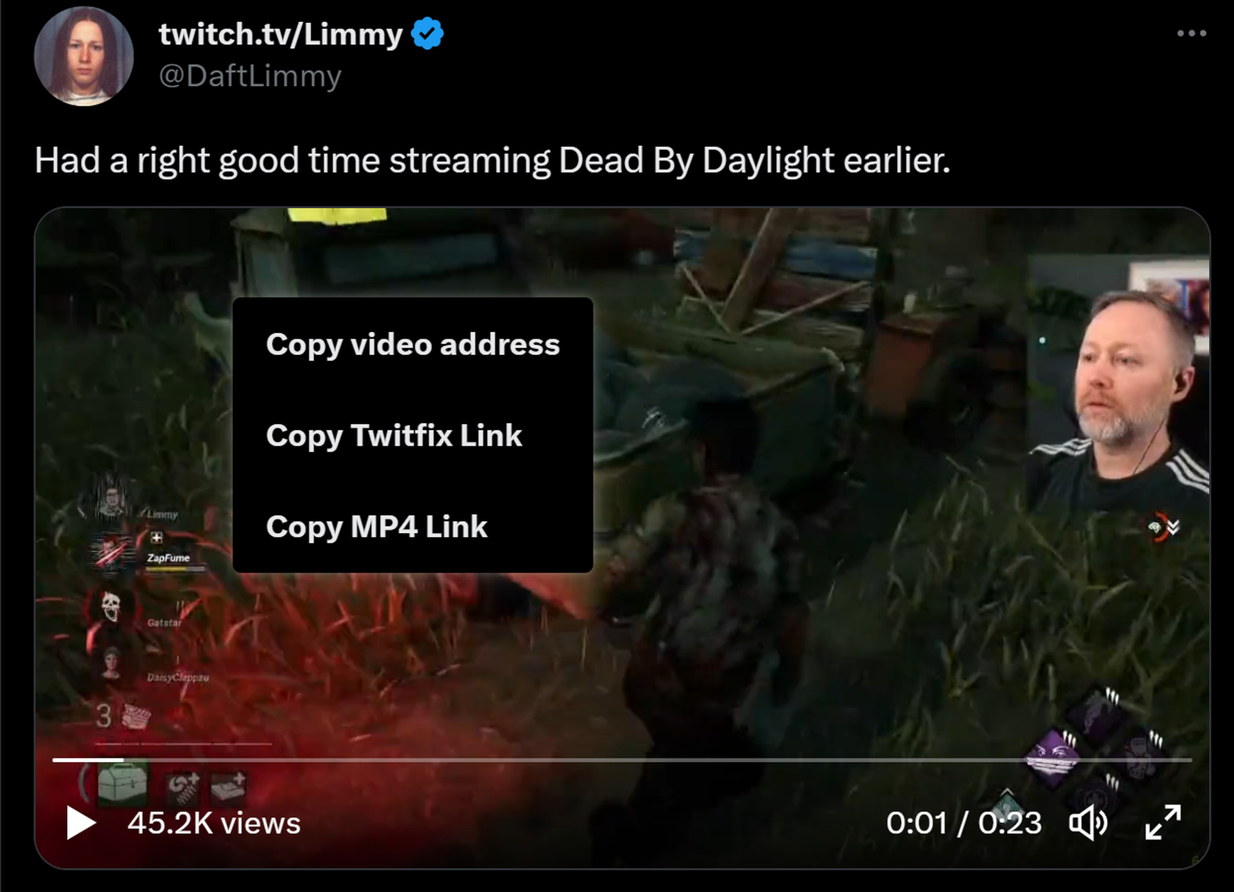 An image of the Twitfix extension being used to create a MP4 link using a video posted by Twitch streamer Limmy.