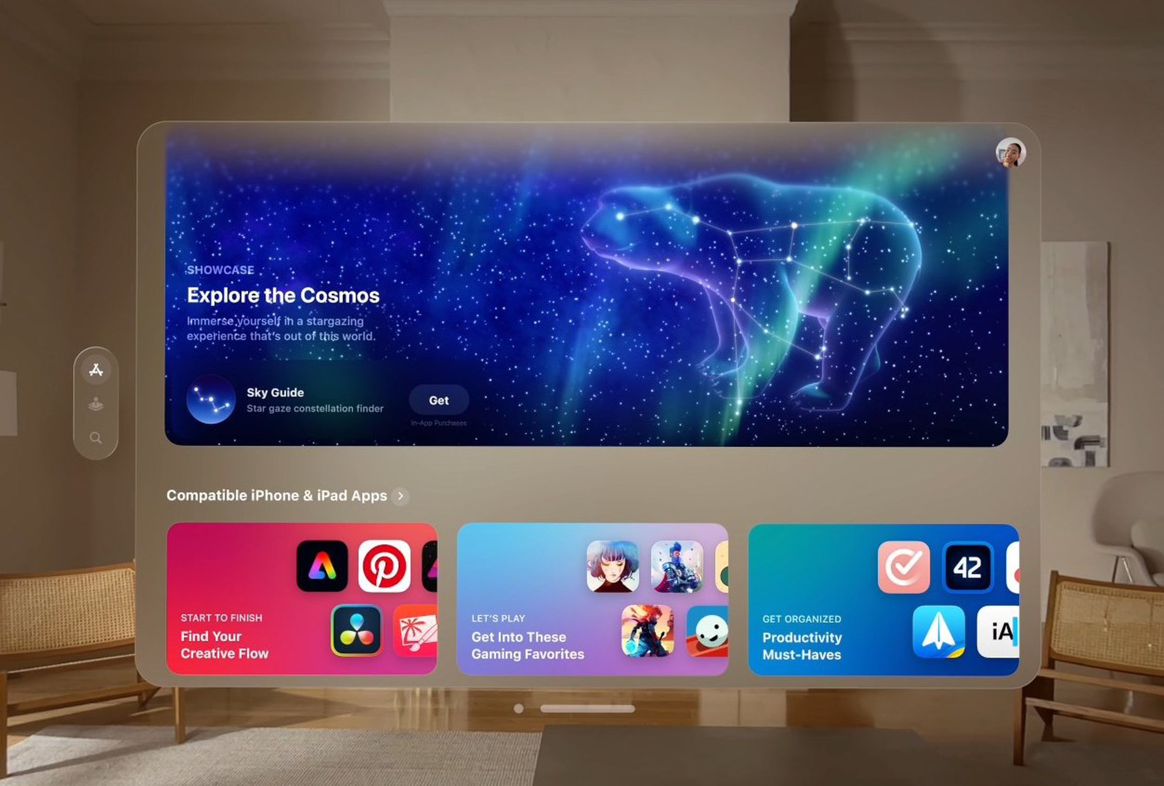 The App Store as seen from within the Apple Vision Pro headset, with a constellation finder experience, as well as other app suggestions.