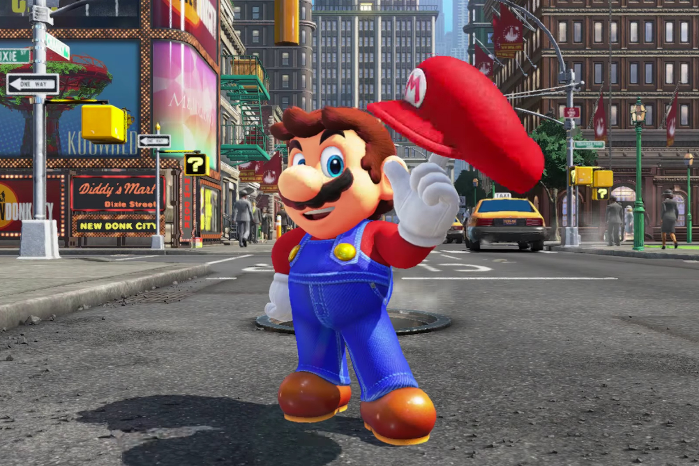 A screenshot of Mario twirling his hat on his finger in Super Mario Odyssey.
