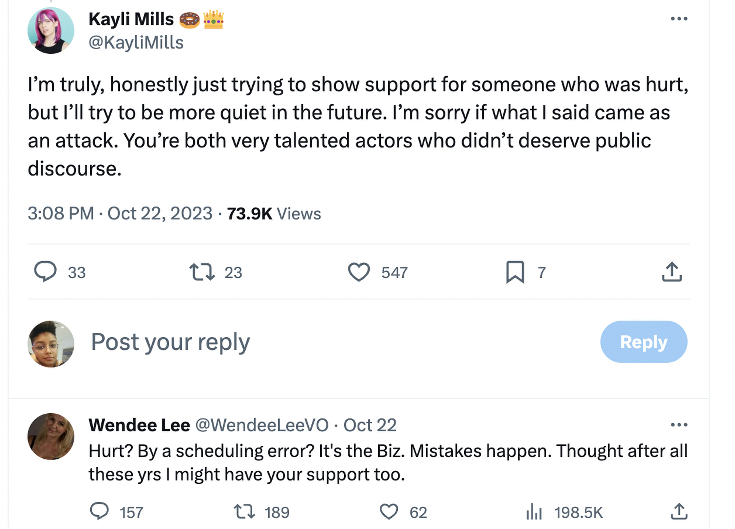 Image from X featuring a post exchange between users with voice actress Wendee Lee writing, Hurt? By a scheduling error? It’s the Biz. Mistakes happen. Thought after all these yrs I might have your support too.