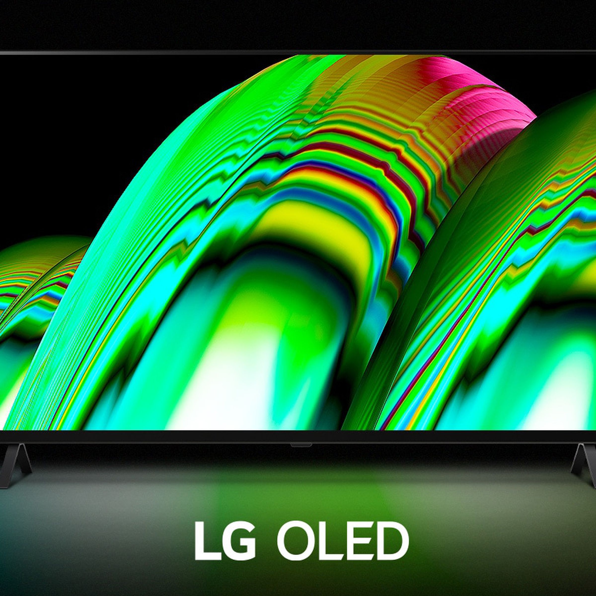 LG’s A2 OLED in a marketing image showcasing a colorful chromatic pattern.