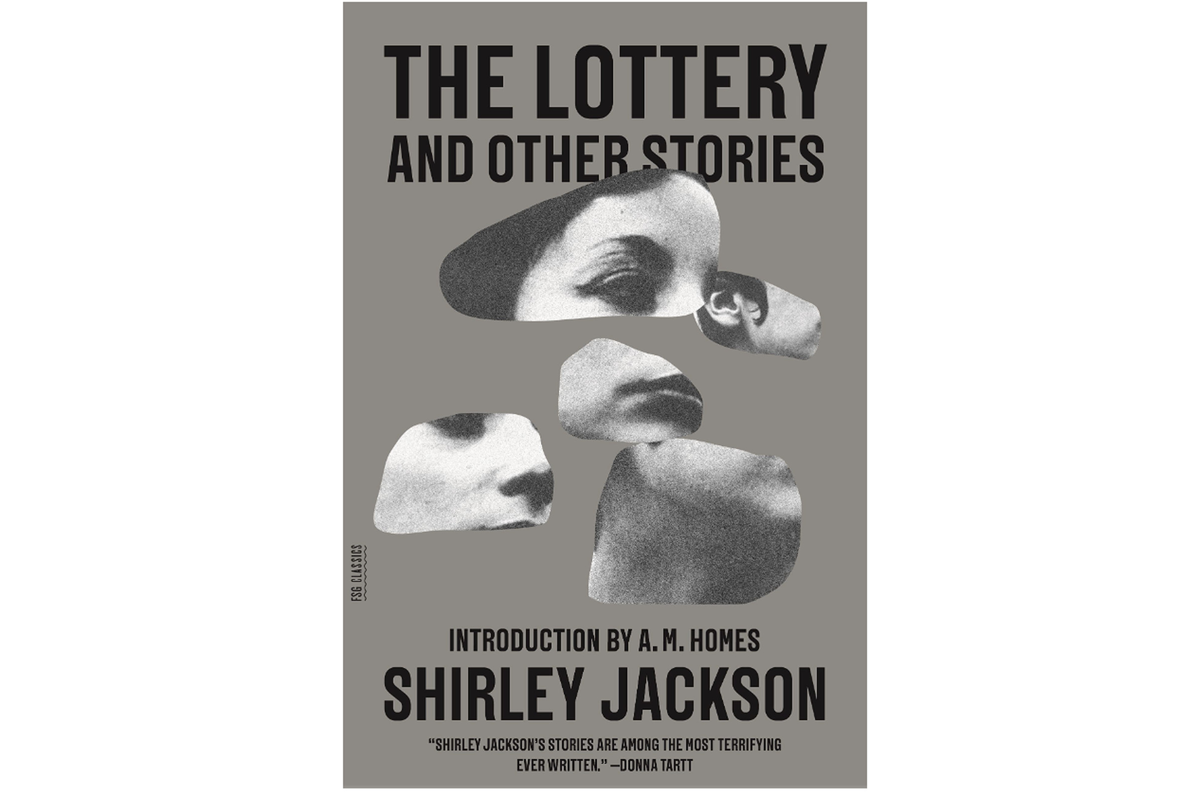 Book cover for The Lottery and other stories, showing a woman head in weird pieces