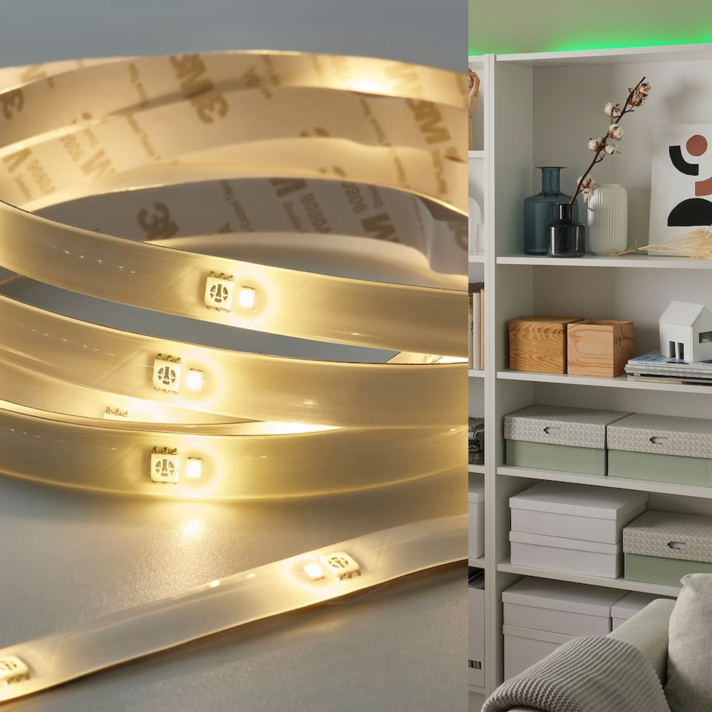 A collage of two images — the light strip coiled on a surface and shining gold and the light strip outlining the back of a book shelf, in green.