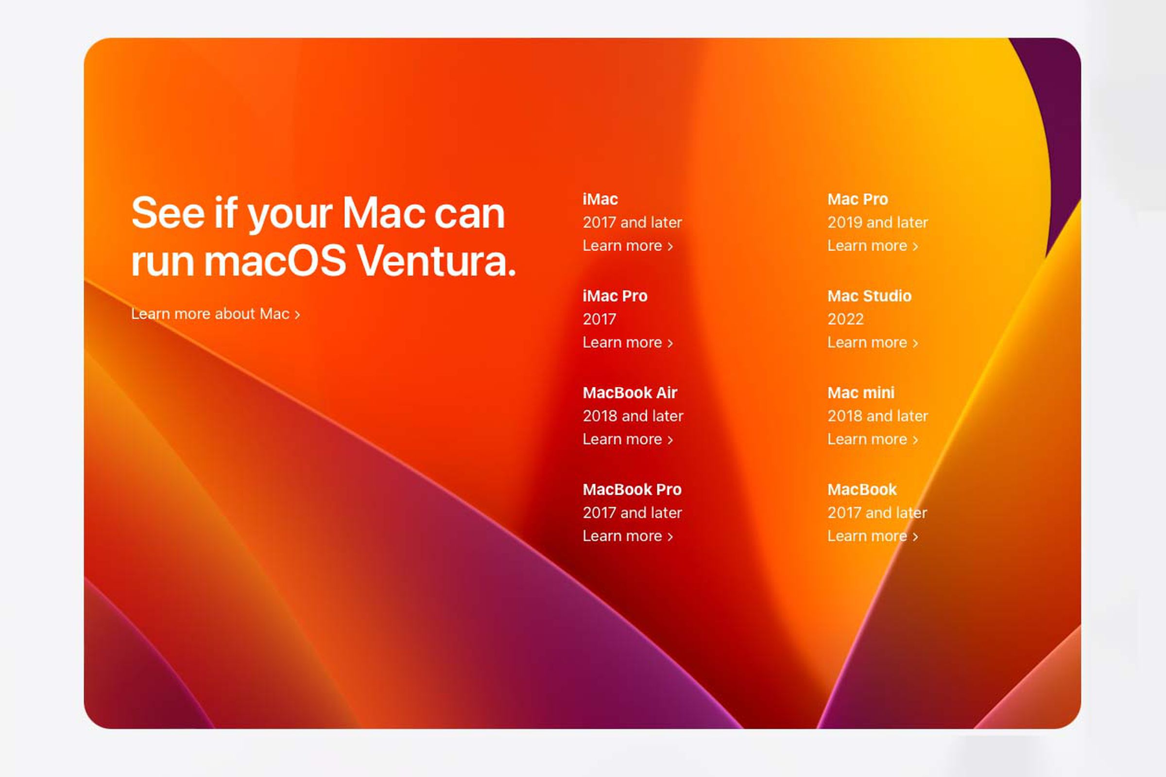 Apple’s list of Macs that officially support macOS Ventura.