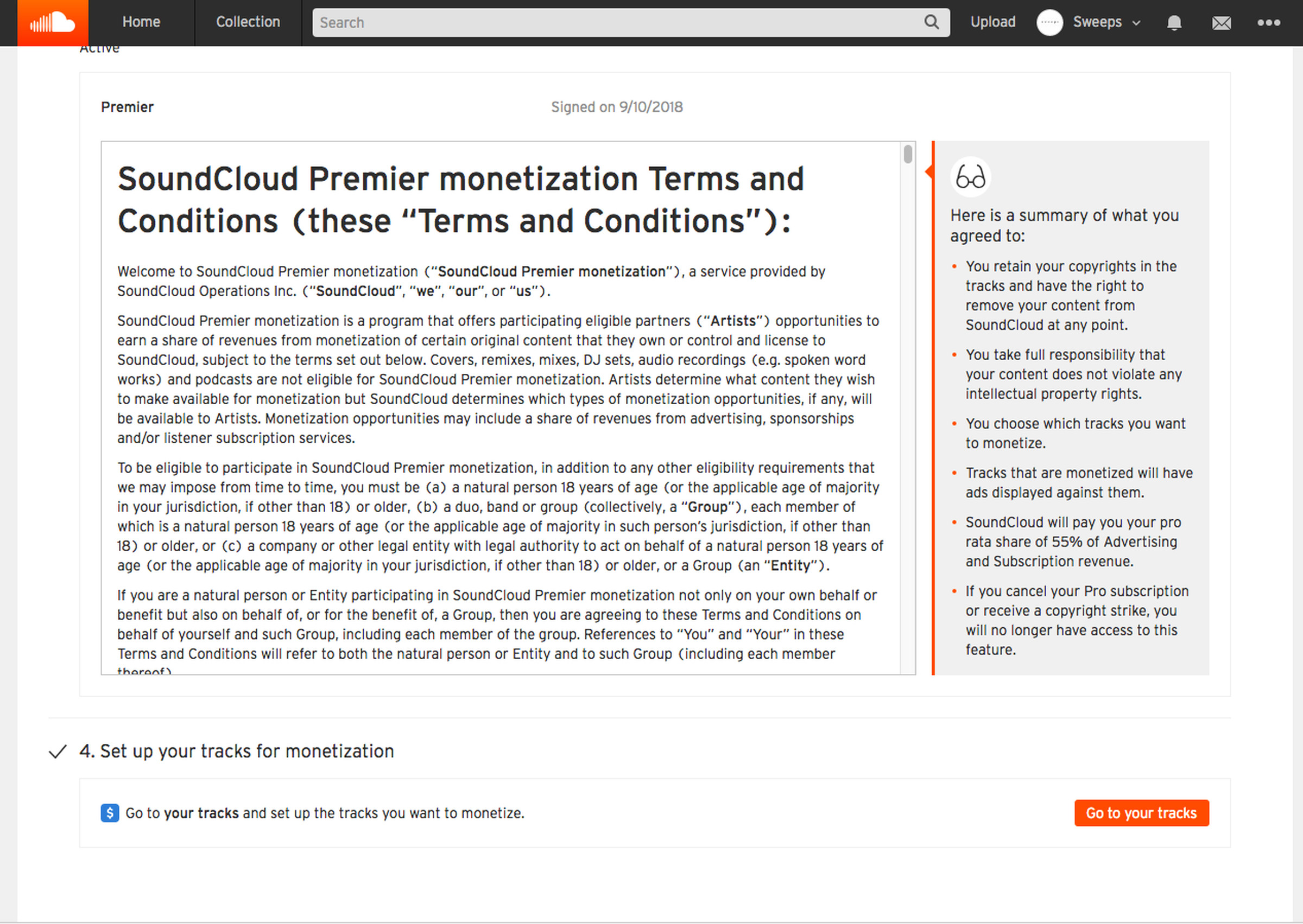 What a Premier member sees when checking the terms and conditions on SoundCloud’s website