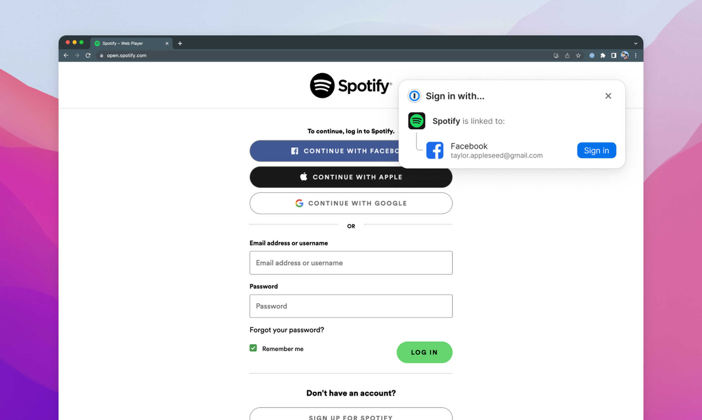 1Password now remembers which third-party provider your Spotify account is linked to.