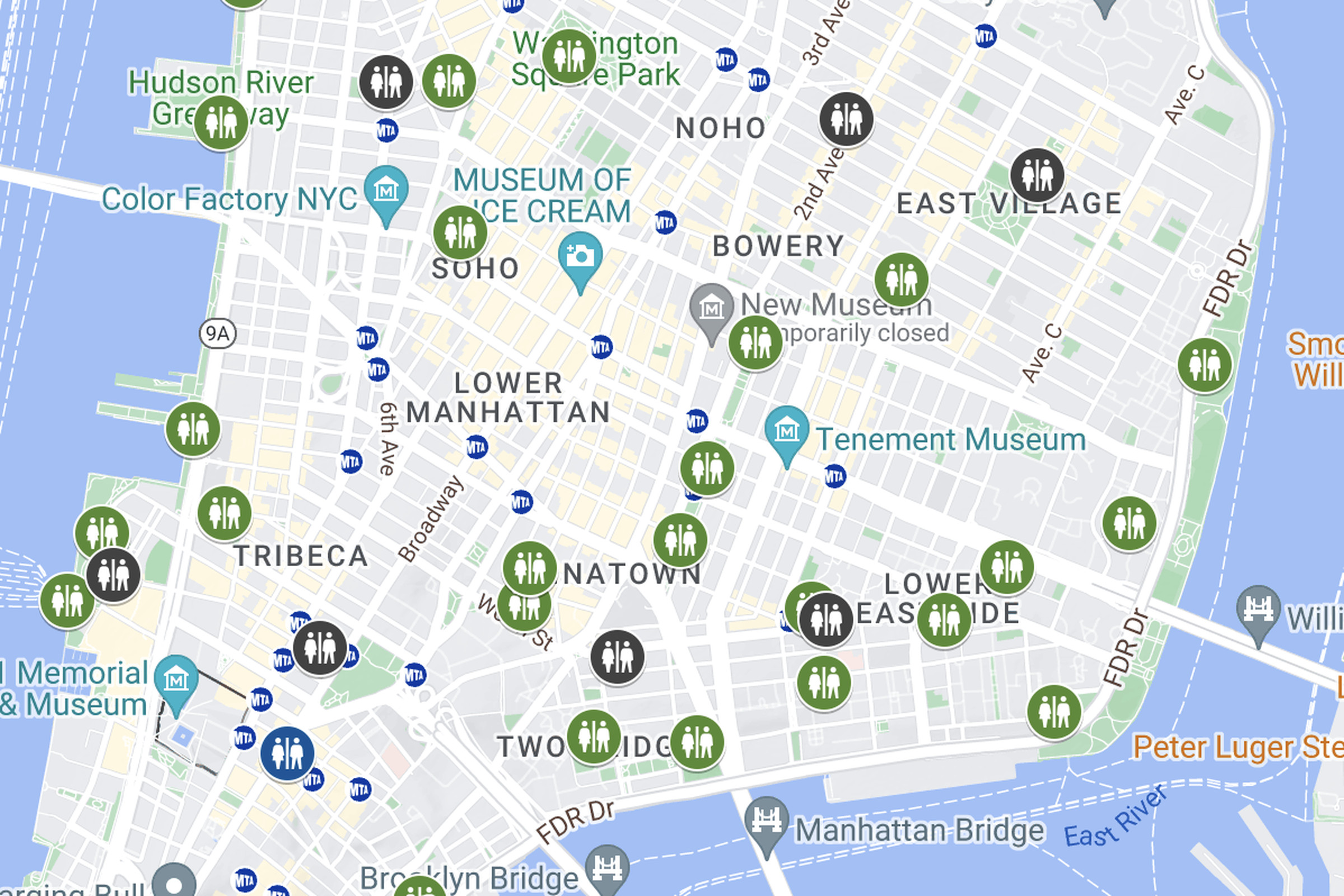 A Google Map layer view shows hundreds of public bathrooms in New York City