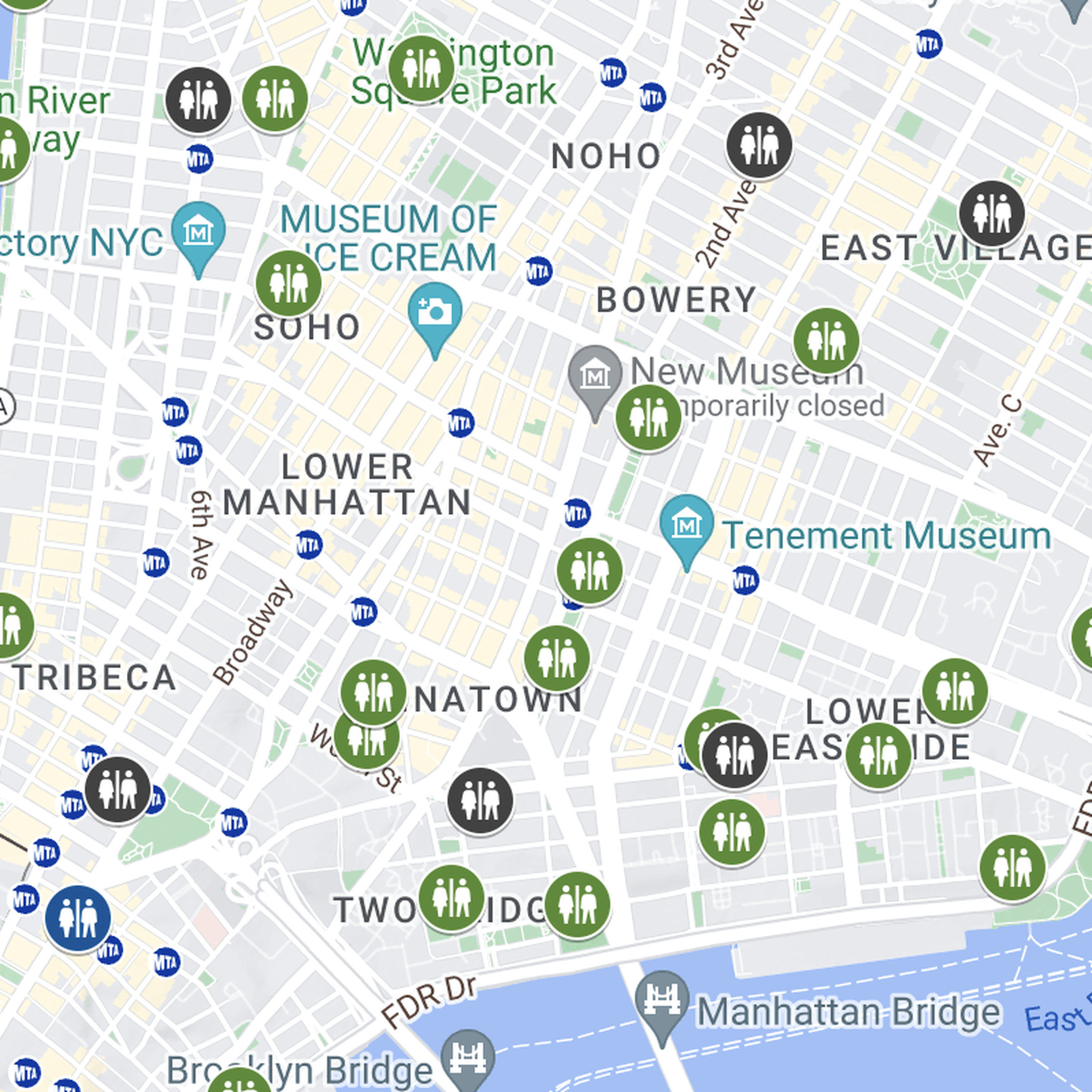 A Google Map layer view shows hundreds of public bathrooms in New York City