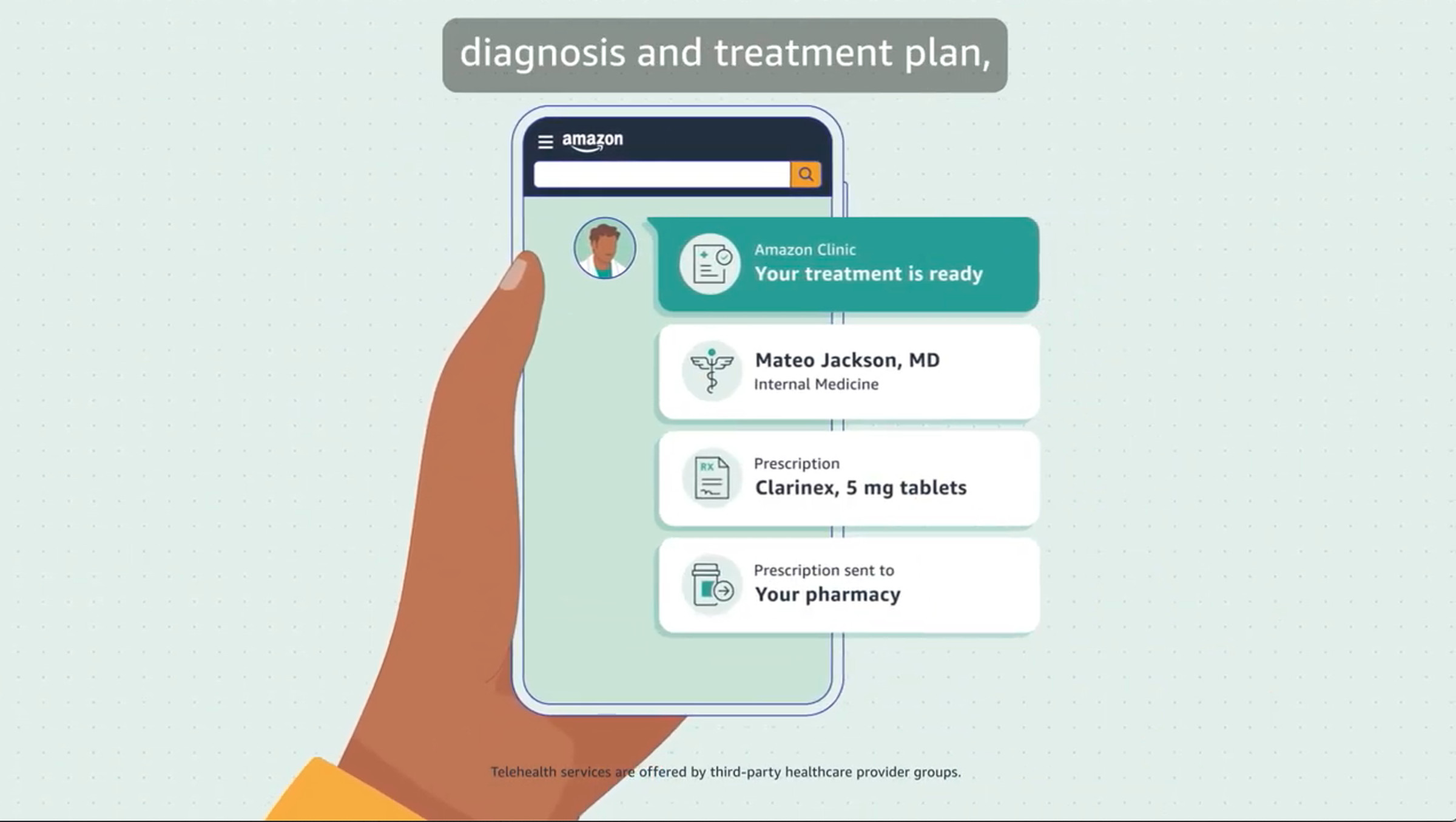 A hand holding a phone with the Amazon webpage and notifications saying that a treatment plan and prescription is ready.