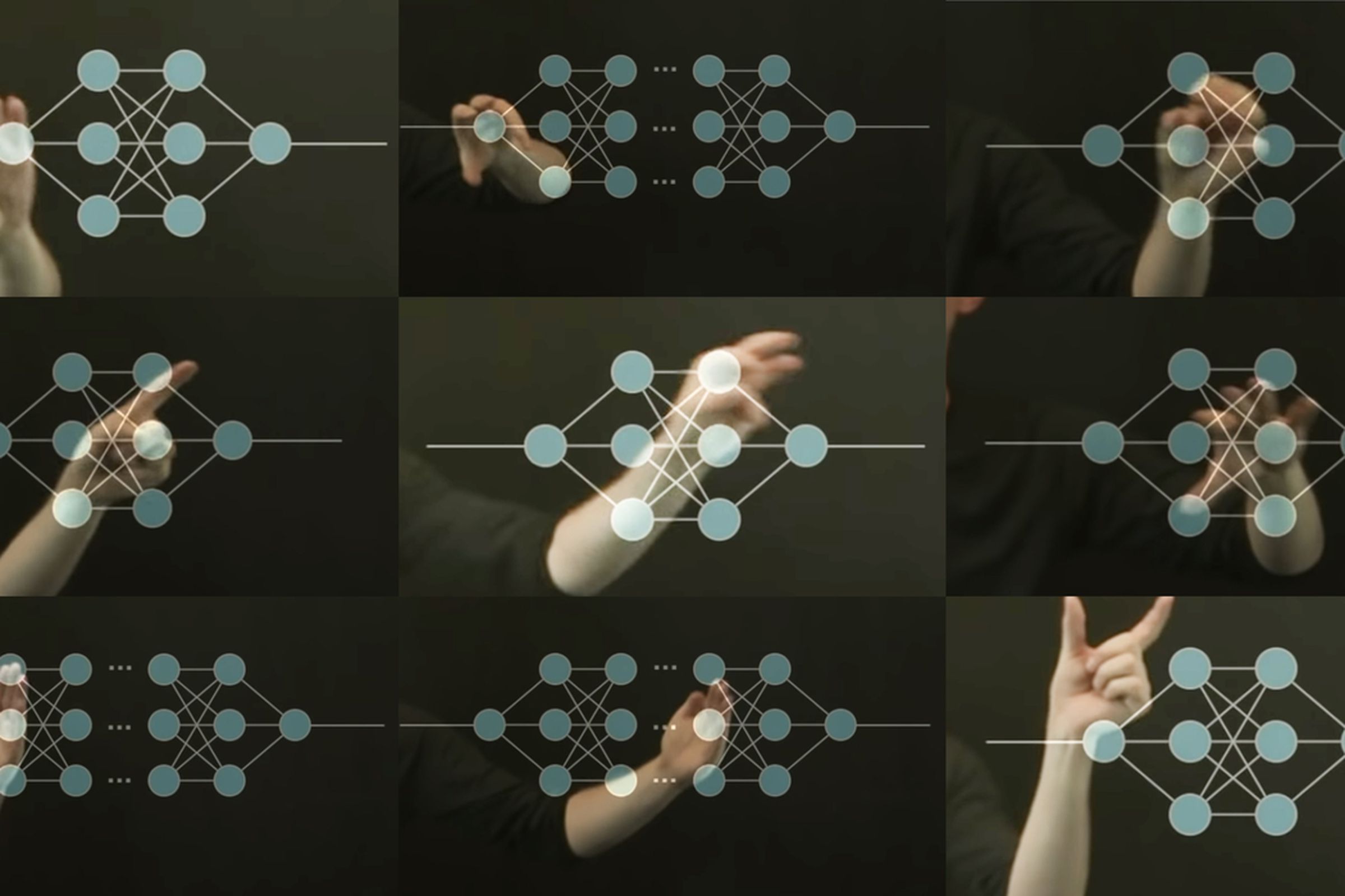 The image shows nine thumbnails of a hand in different poses overlaid by diagrams of a neural network. 