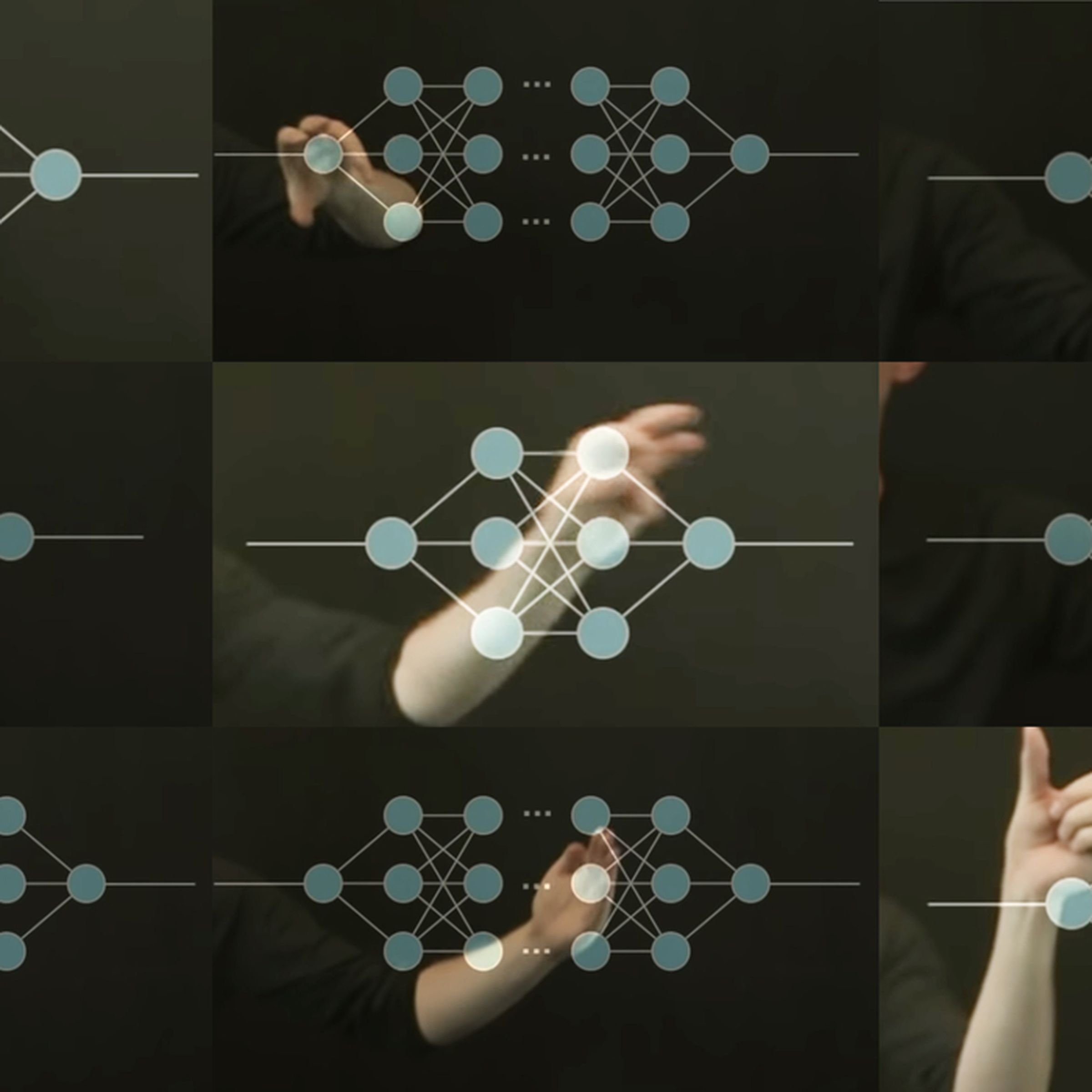 The image shows nine thumbnails of a hand in different poses overlaid by diagrams of a neural network. 