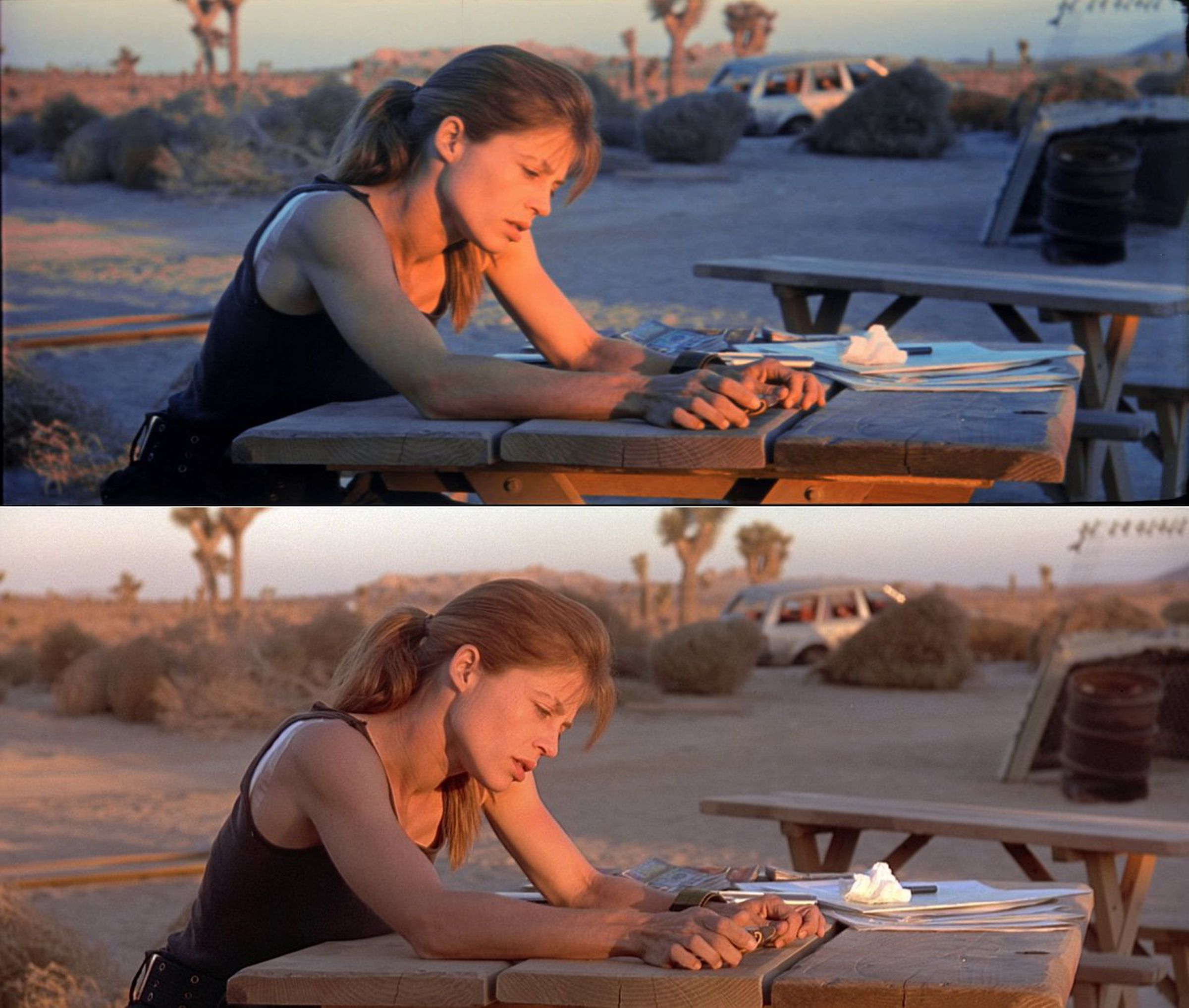 Two shots showing Linda Hamilton’s character sitting at a picnic table at sunset. In the fan restoration (top) shows much bluer shadows, while the lower from a Blu-ray version, has less contrast and a redder overall hue.