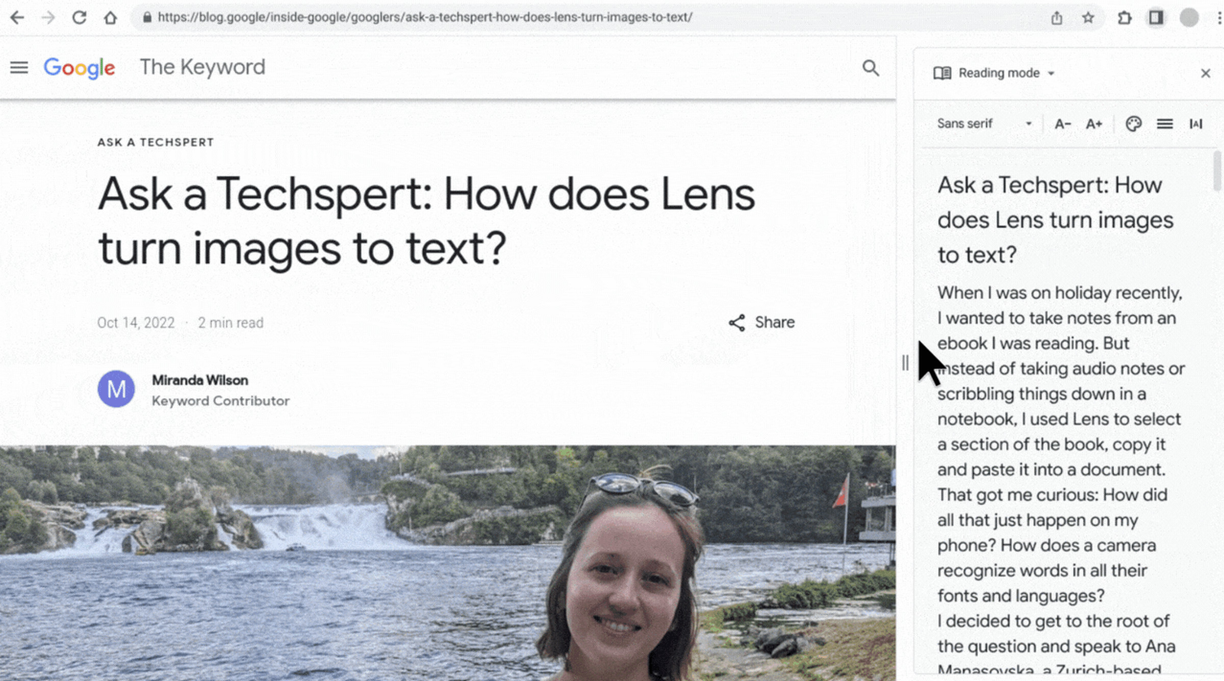 A screenshot of a Chrome tab with Reading Mode enabled. Screen reads: Ask A Techspert: How does Lens turn images to text?