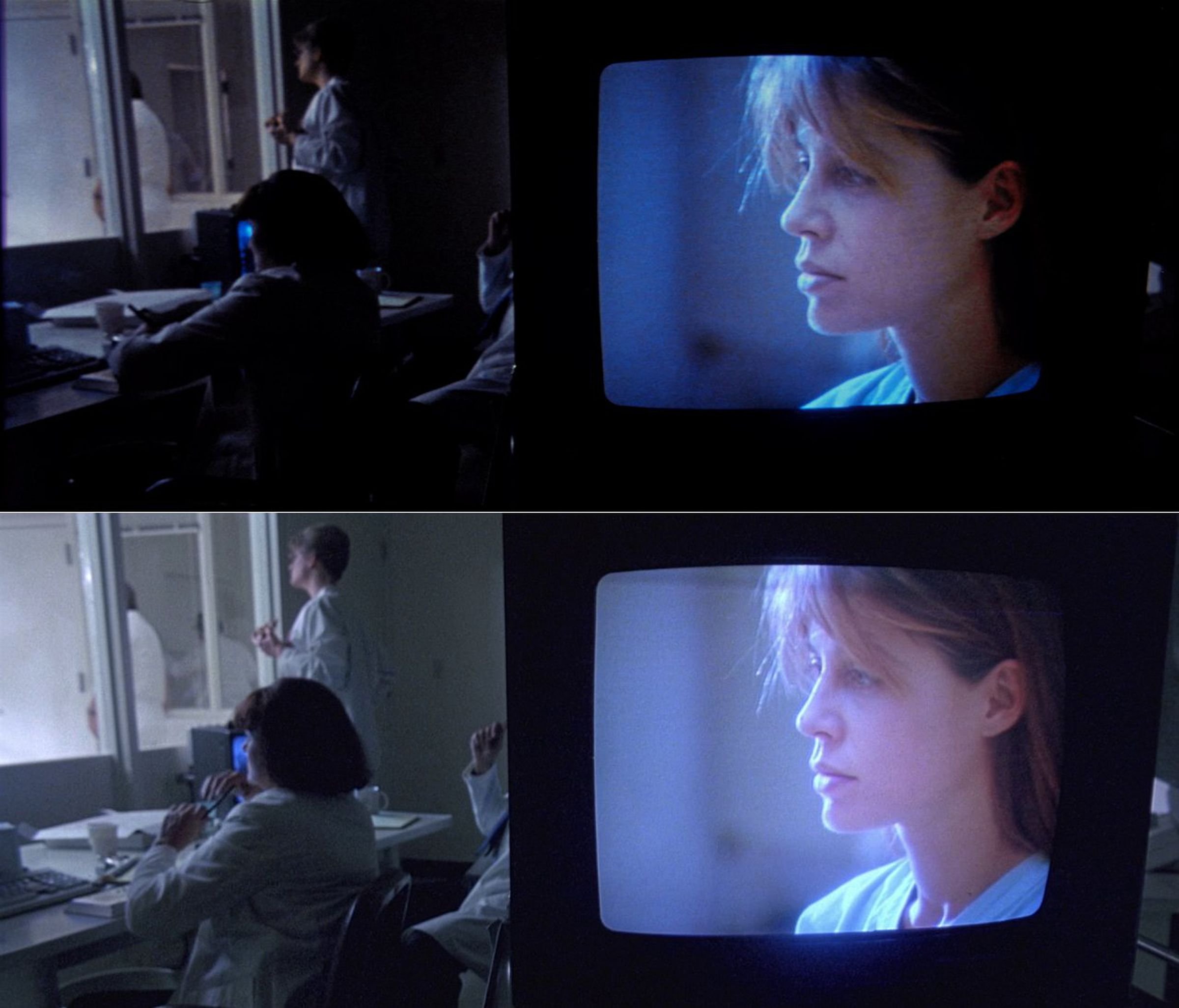 A set of two shots, one showing hospital staff looking through a window, and another showing Linda Hamilton on a small TV. In the fan restoration (top), There’s much greater contrast on the staff, and the TV screen is a little bluer and darker, while on the bottom, things are brighter and the back wall behind the staff is visible, instead of being in black shadow.