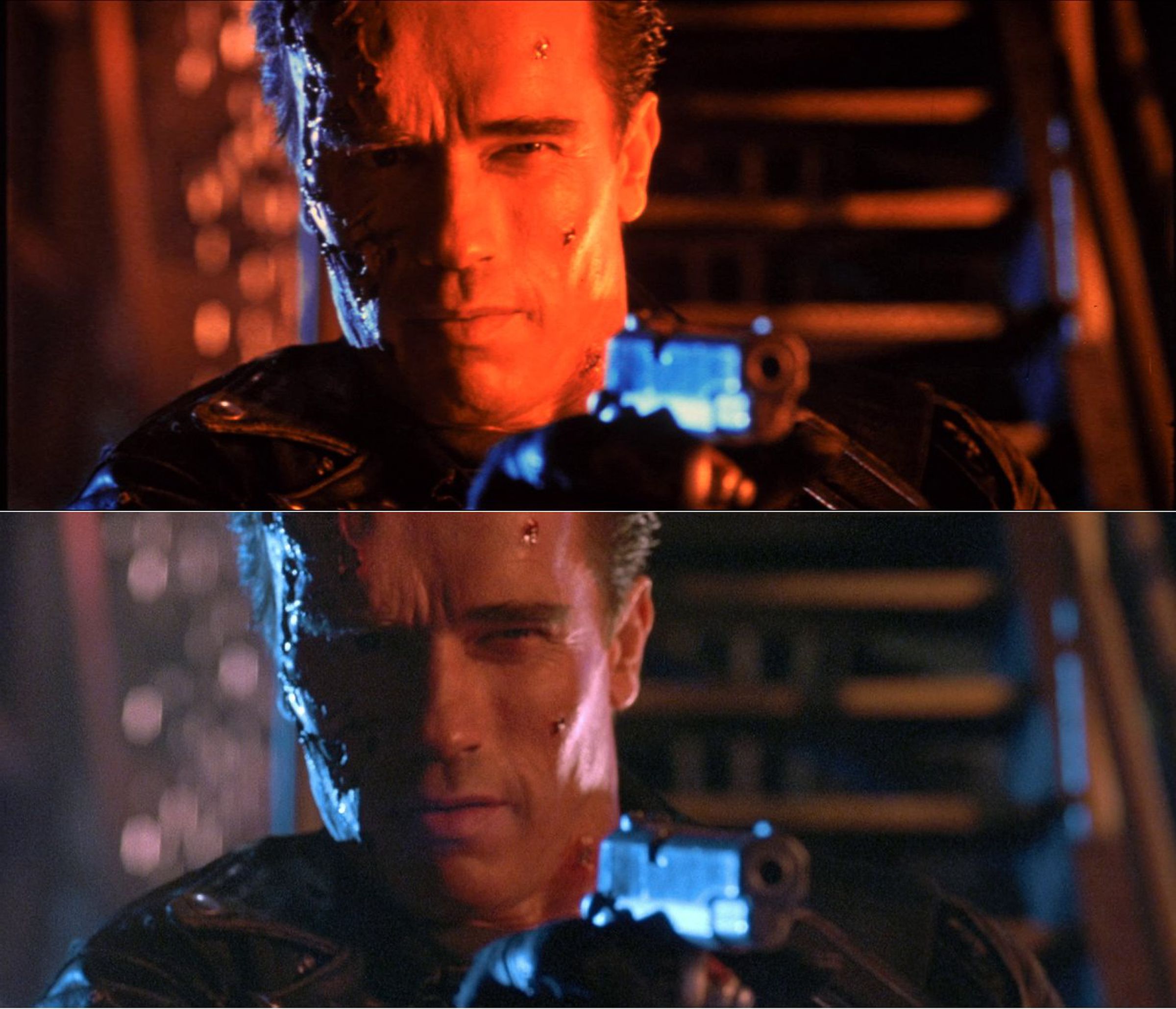 Another comparison, this one showing Arnold Schwarzenegger facing the camera with a gun pointed just to the right of our viewpoint. In the fan restoration (top) he is very orange, while in the Blu-ray version, his natural skintone appears to be used.