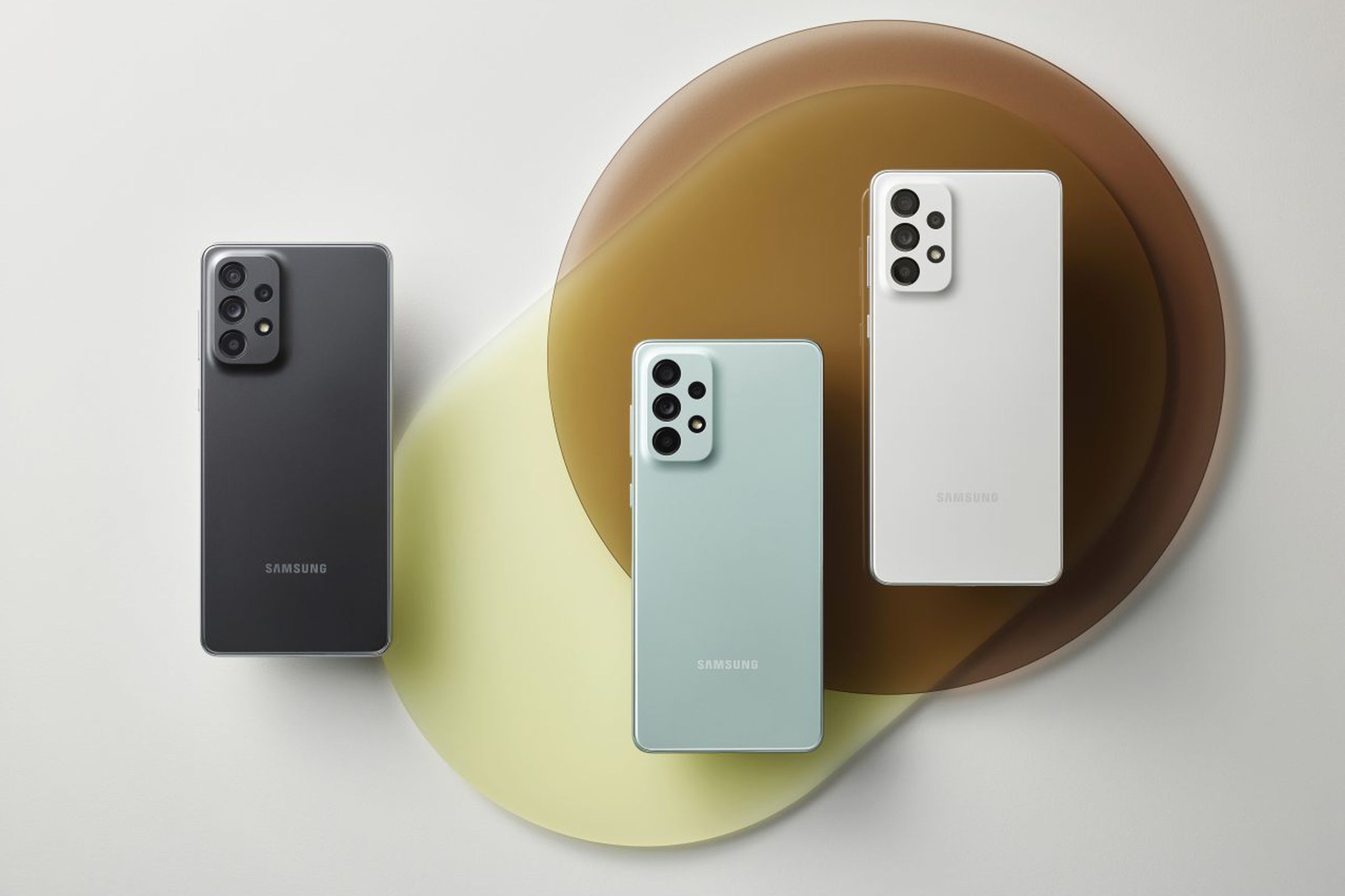 The Galaxy A73 5G in three colors.