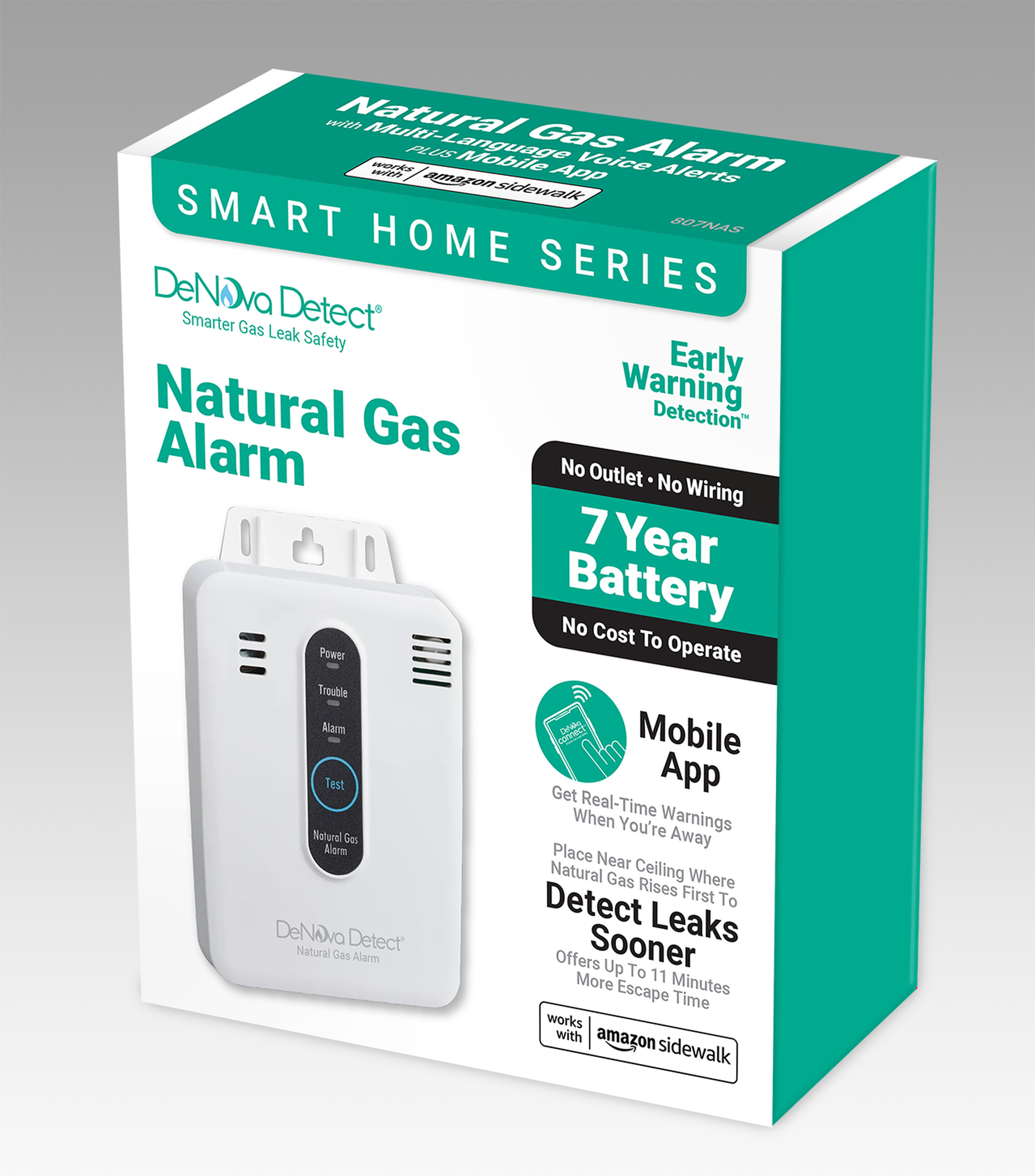 The DeNova Detect is a wireless natural gas alarm that works over Sidewalk.