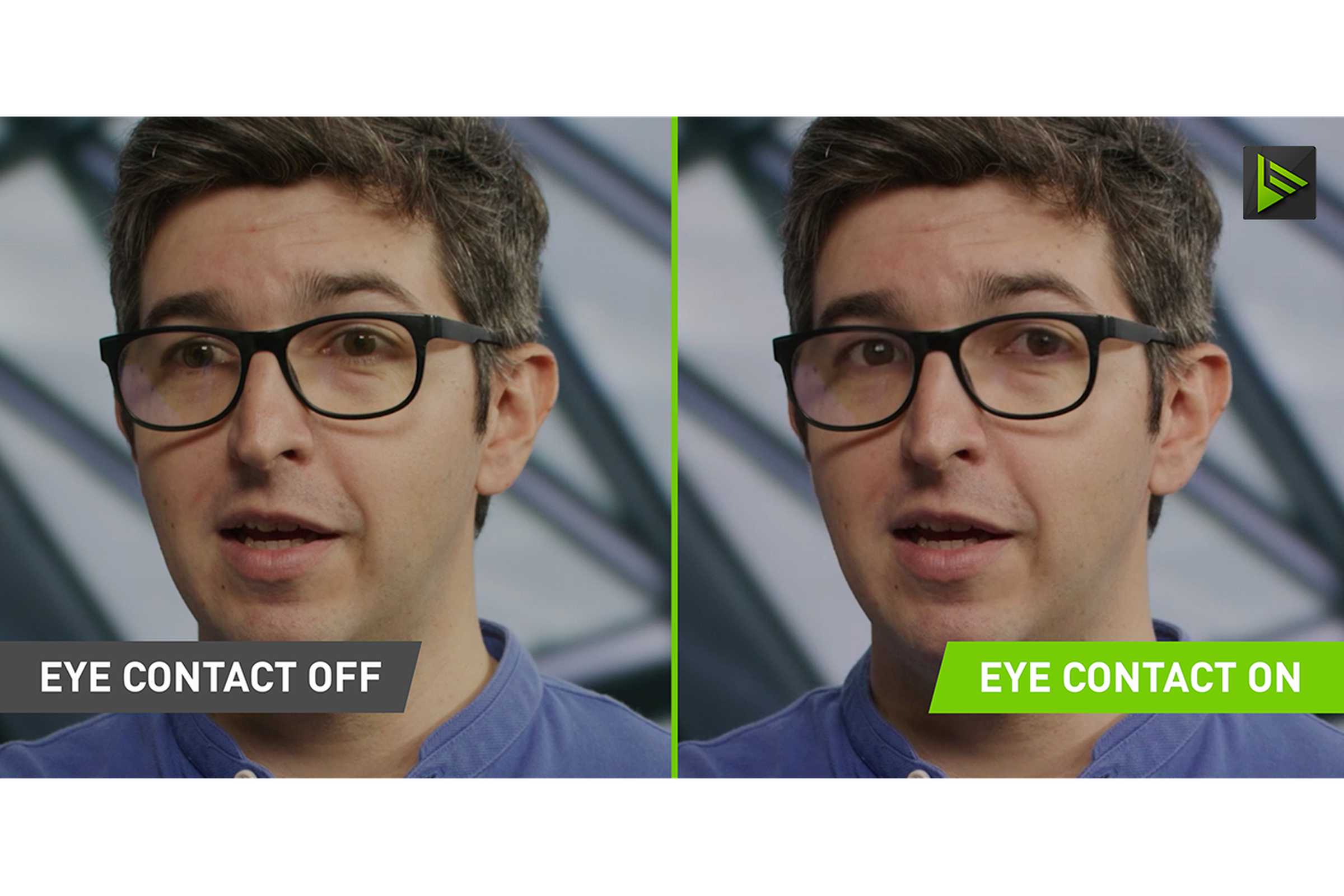 Image showing the same frame, once with Eye Contact off and once with it on.