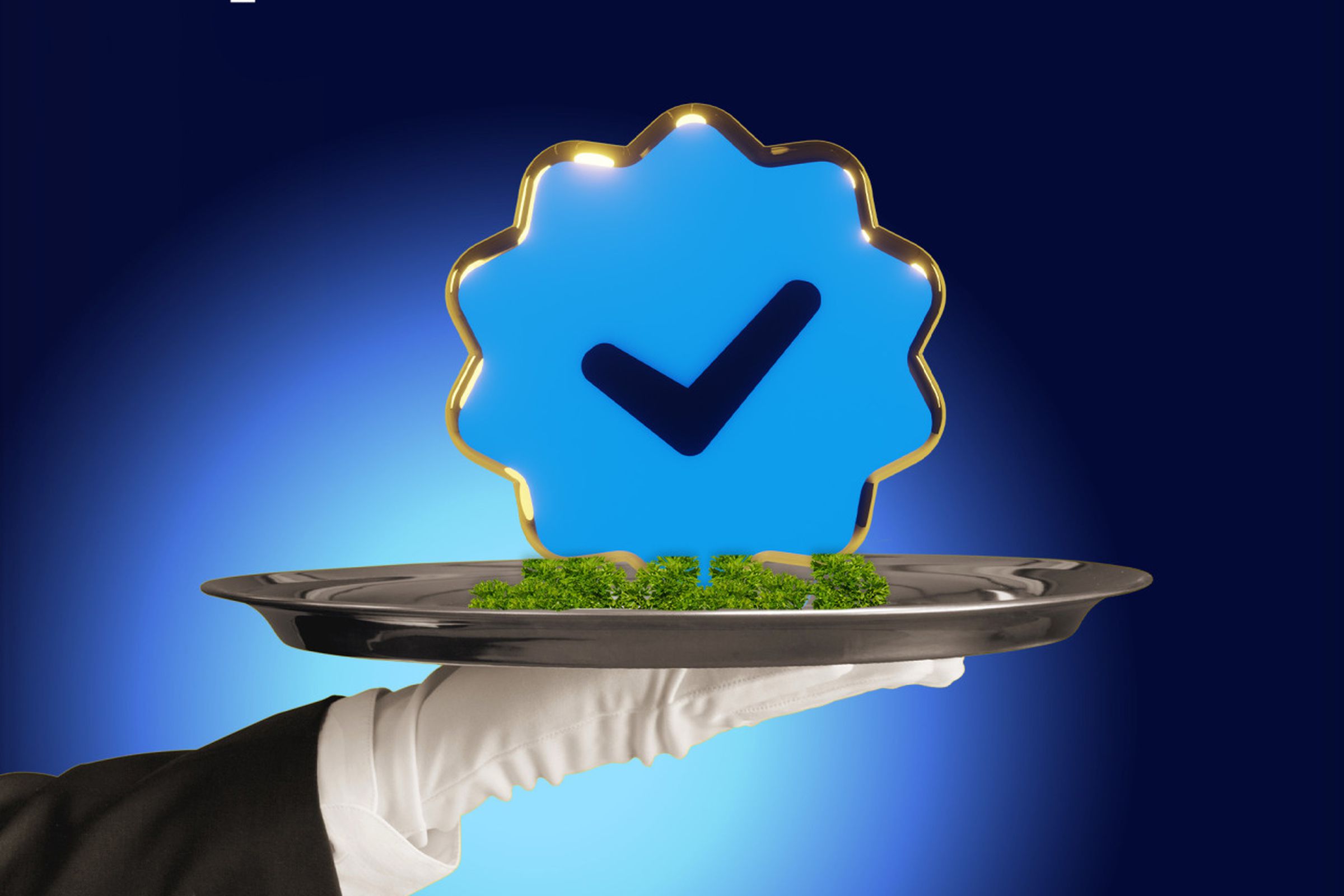 A person holding a blue check mark on a platter.