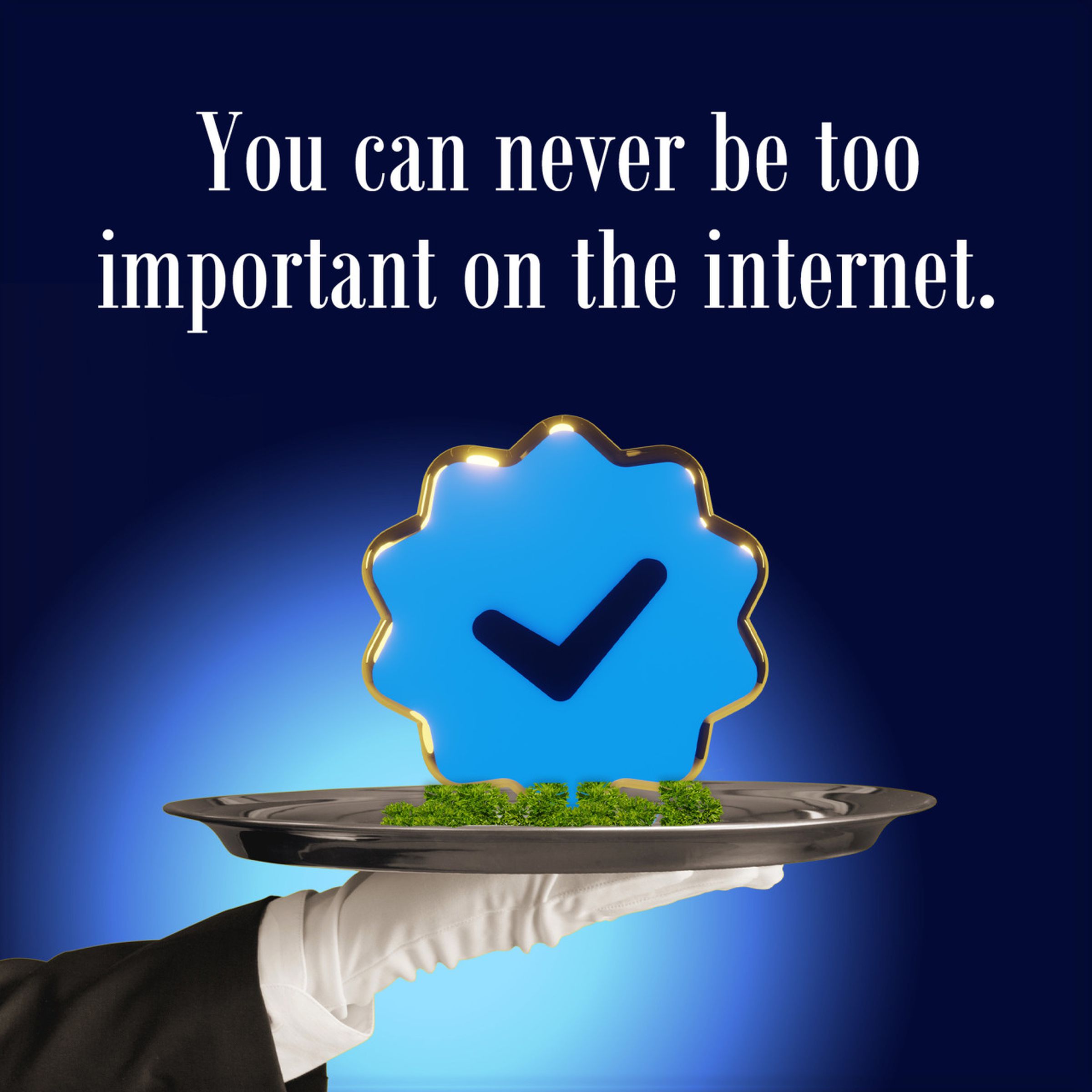 A person holding a blue check mark on a platter.