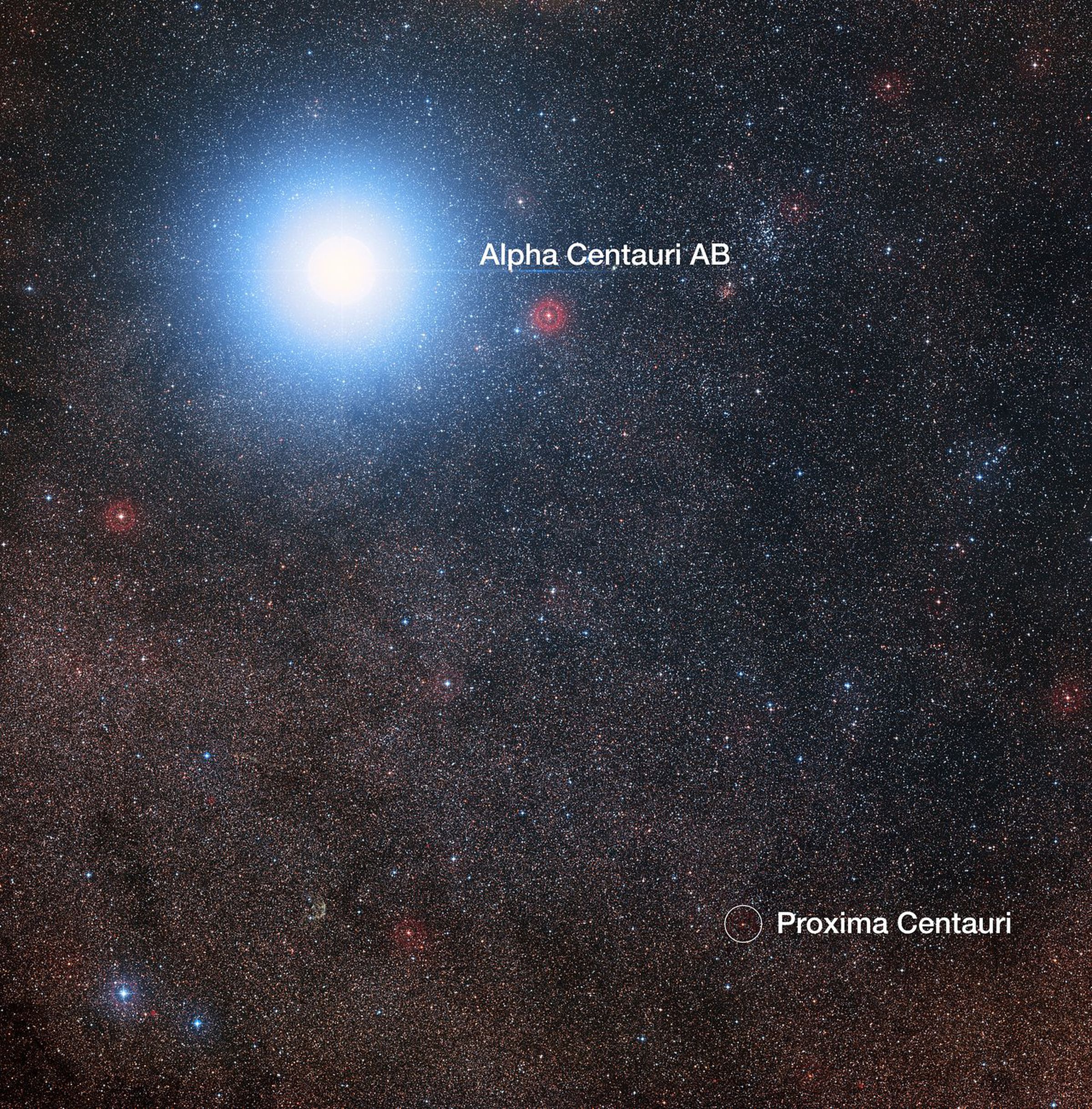 Proxima Centauri in the sky, along with Alpha Centauri A and B — the two other stars in the system.