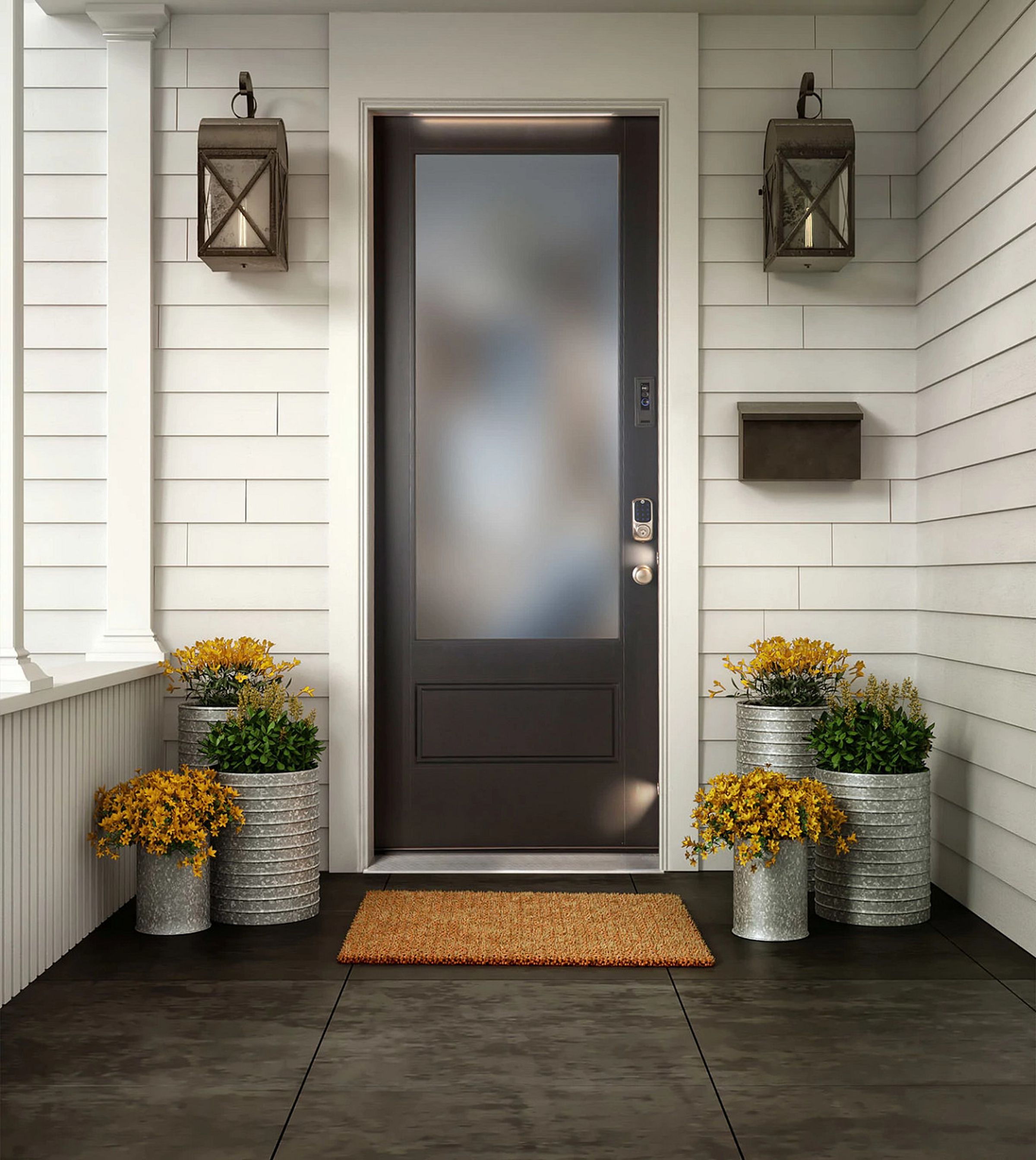 The Masonite smart door features strategically situated motion-activated lighting alongside a Yale door lock and Ring video doorbell.