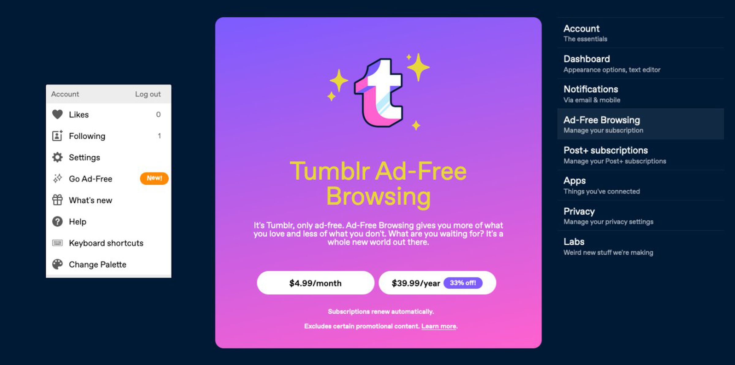 Tumblr Ad-Free browsing details