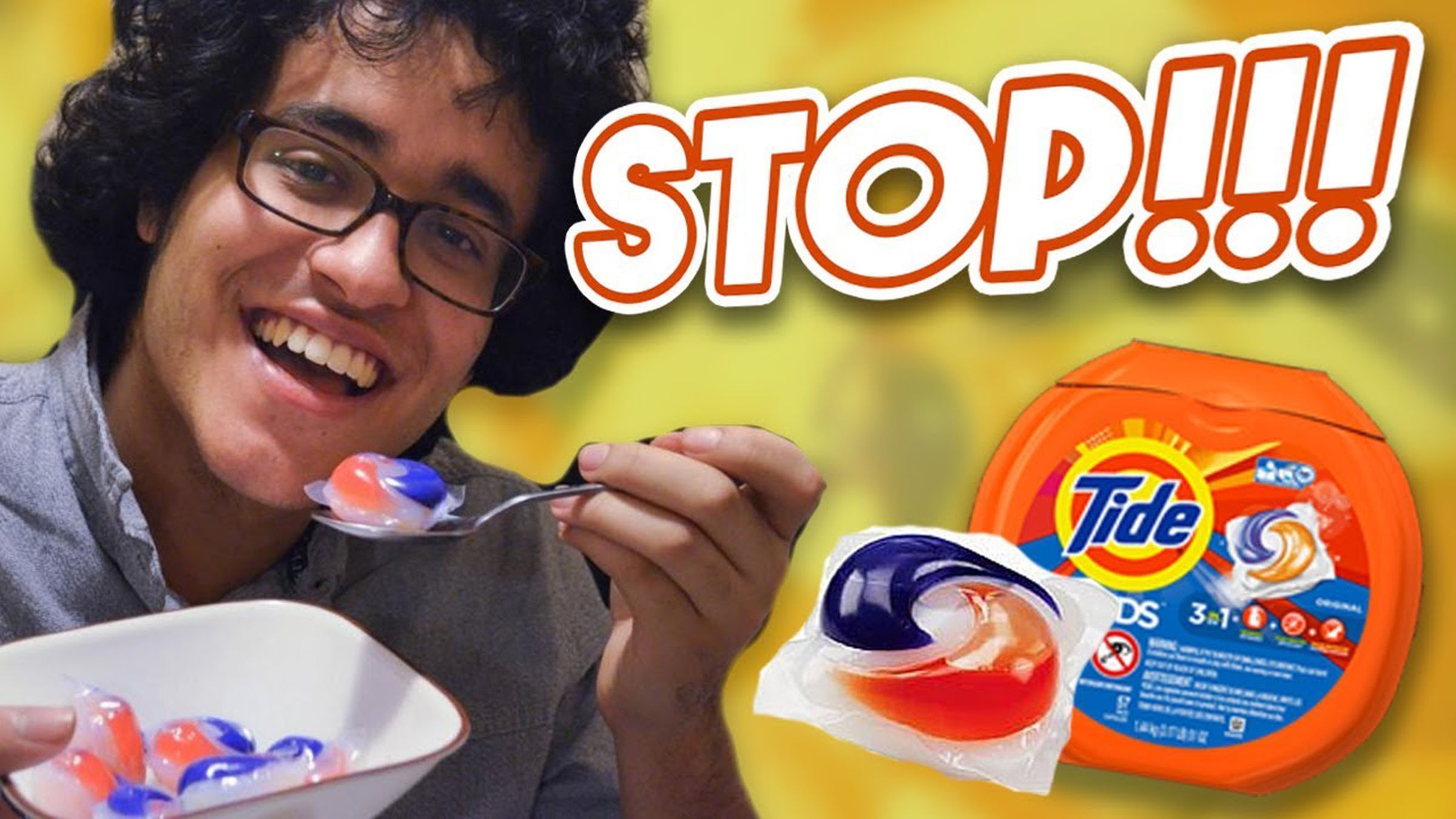 A YouTube thumbnail of a video that may either be endorsing the Tide Pod Challenge, or warning against it, or some combination of the two. 