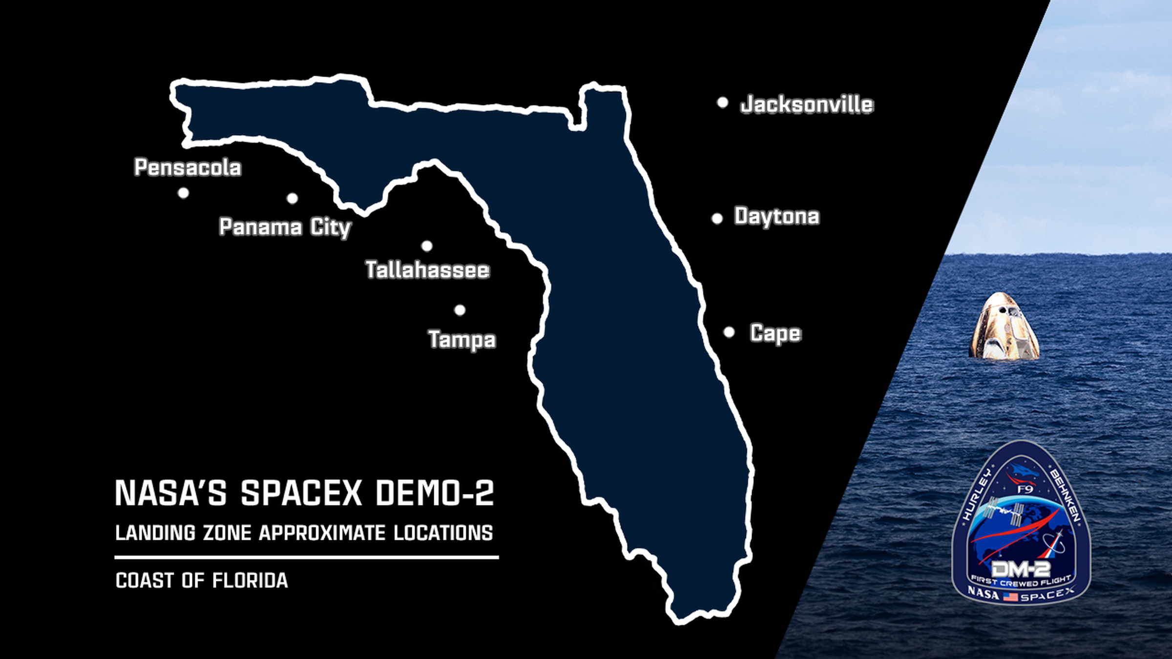 The seven potential landing sites for the Crew Dragon