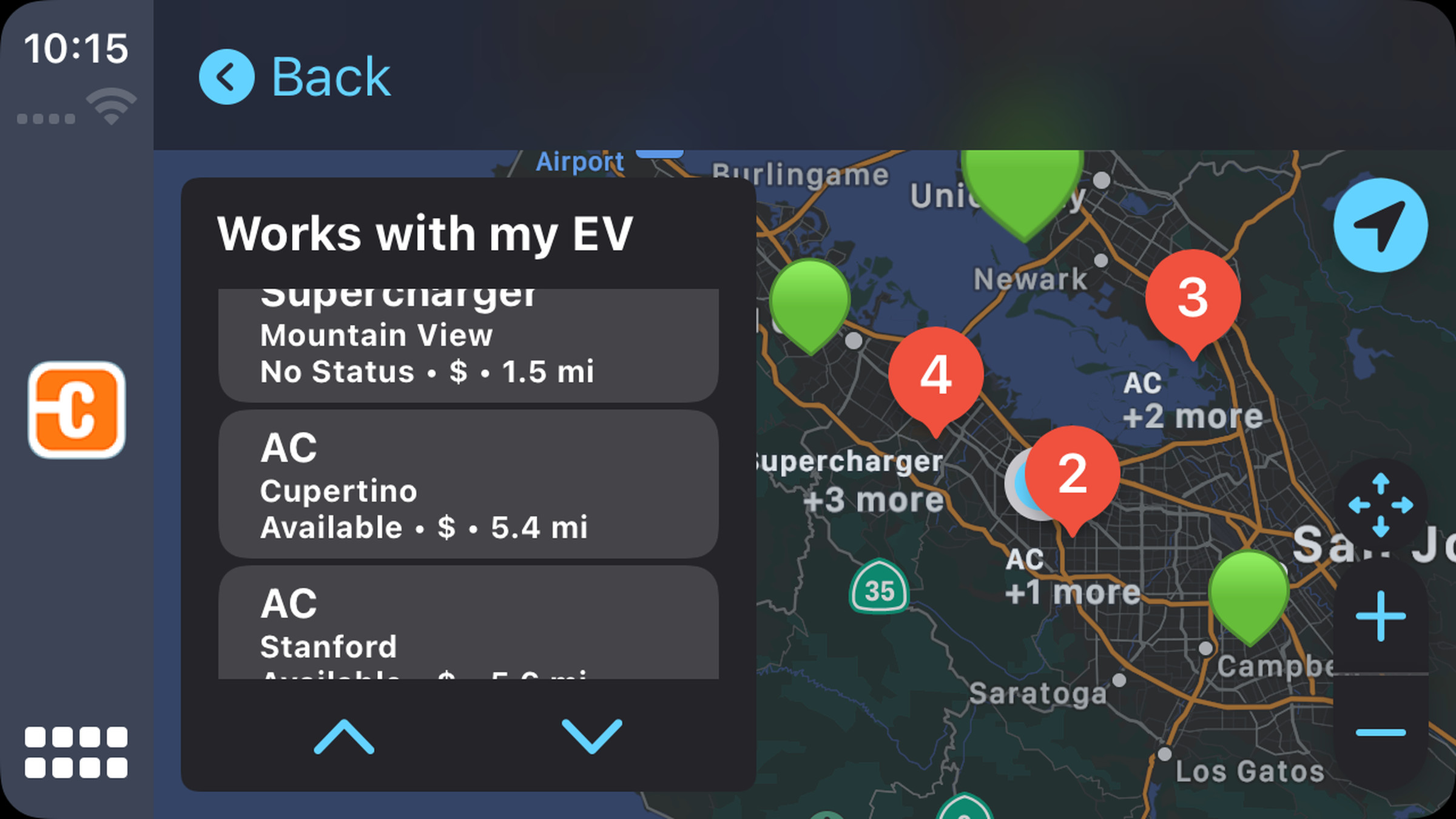 A map of chargers can be filtered based on which chargers work with your car.