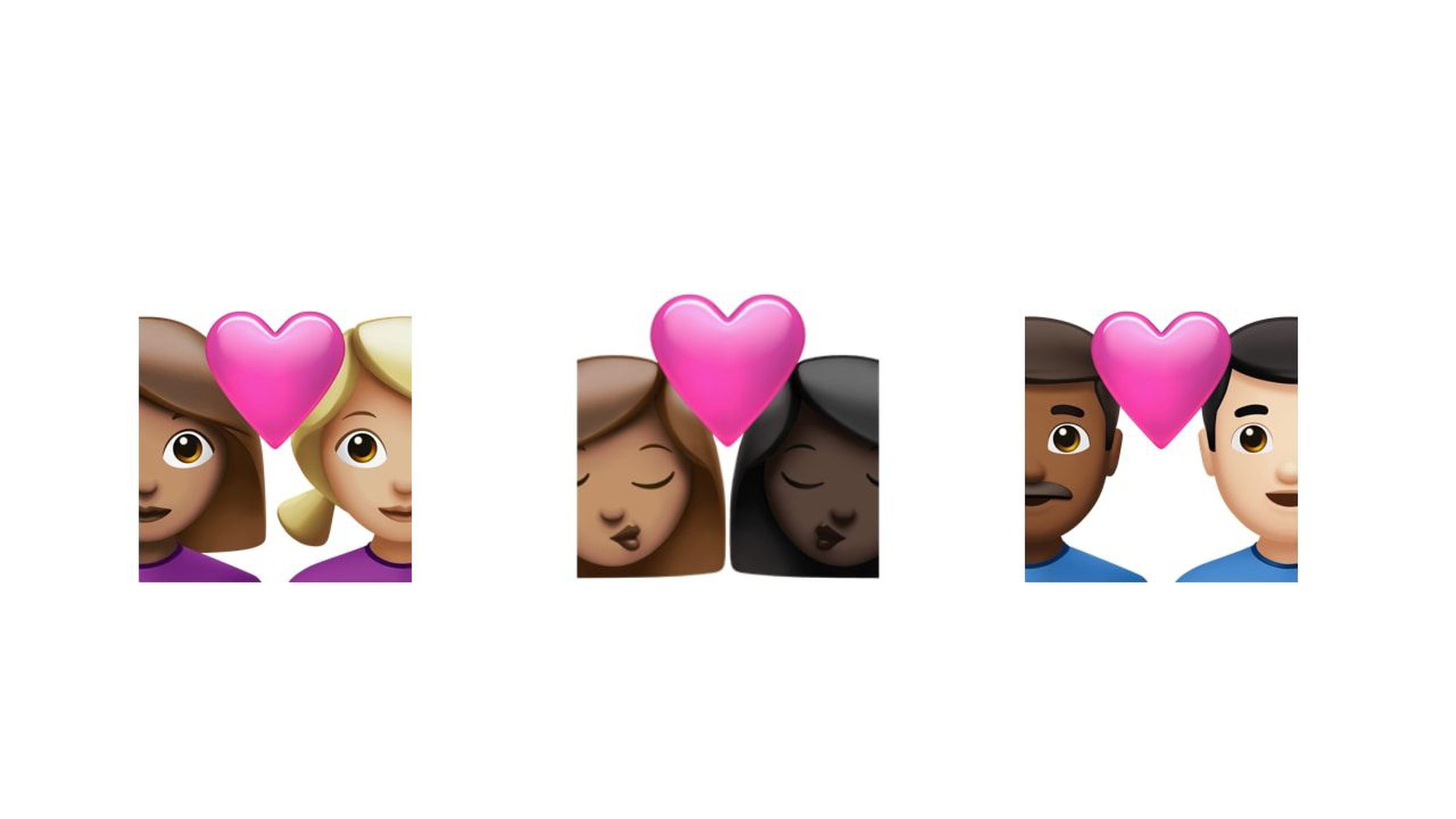 Skin tone variations for the “Couples with Heart” emoji in iOS 14.5.