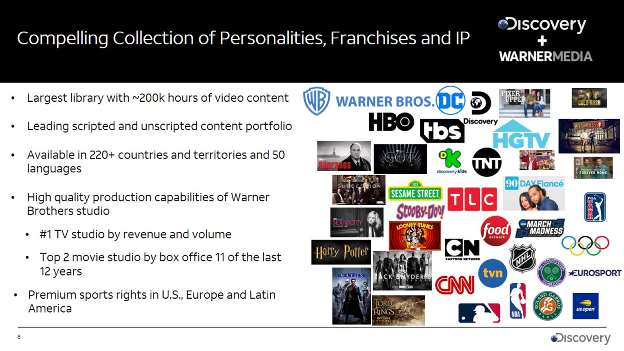 A slide from a presentation to investors notes the combination of the two companies creates a huge library of content. 