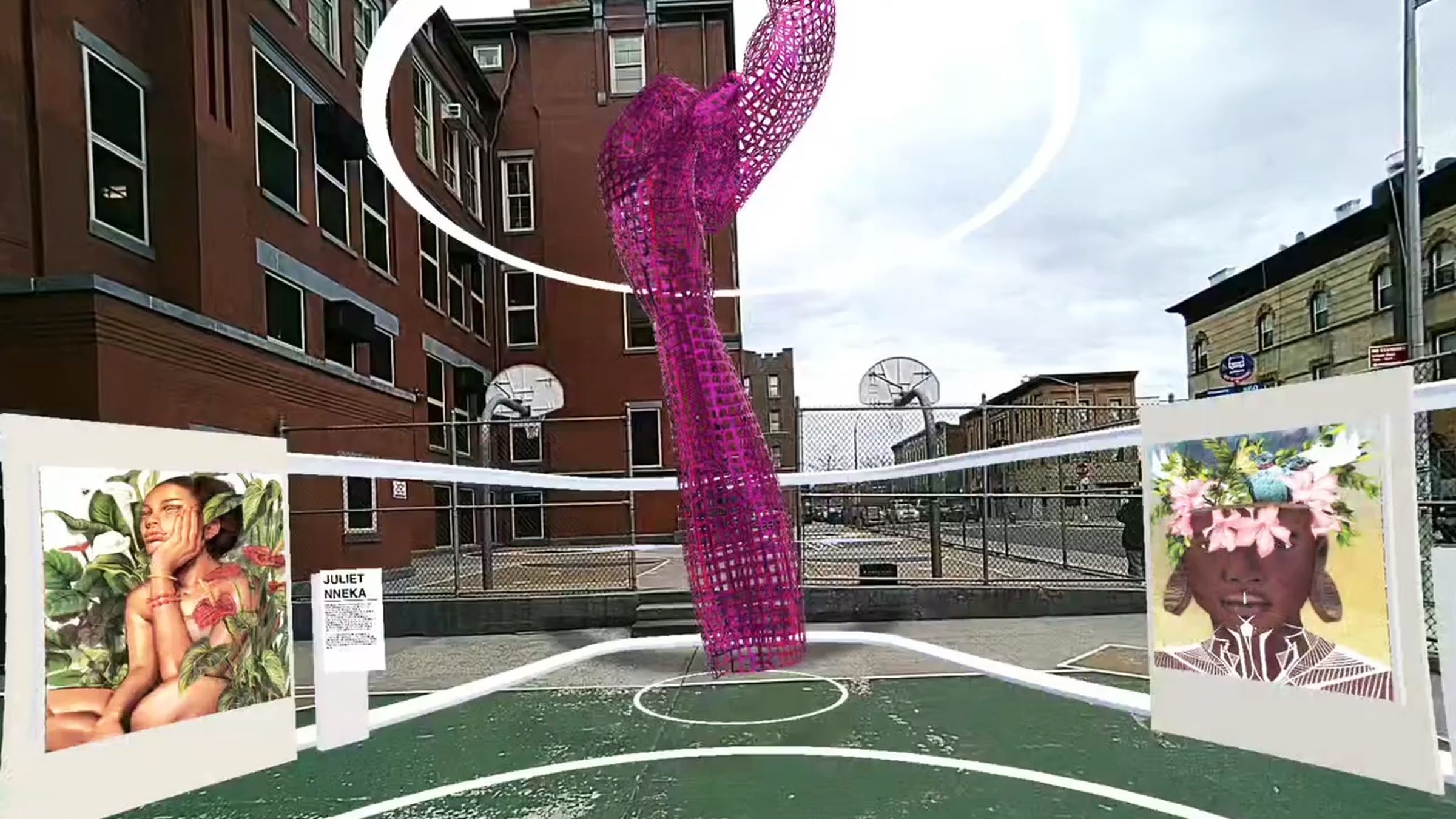 An image showing artworks appearing in AR on a basketball court. It’s a first person view through the new Spectacles.
