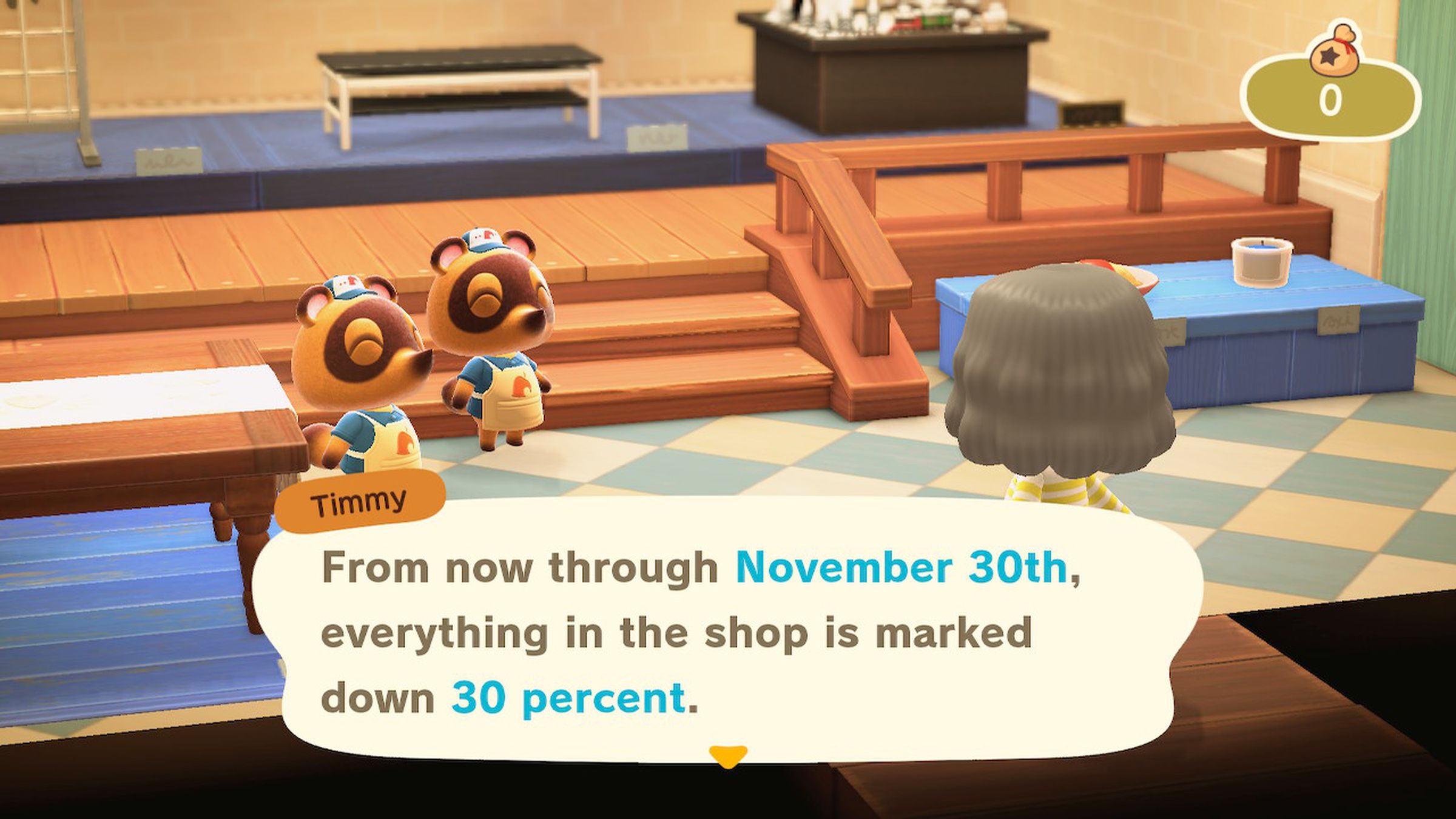 Timmy telling the player that “from now until November 30th, everything in the Nook shop is marked down 30 percent.”