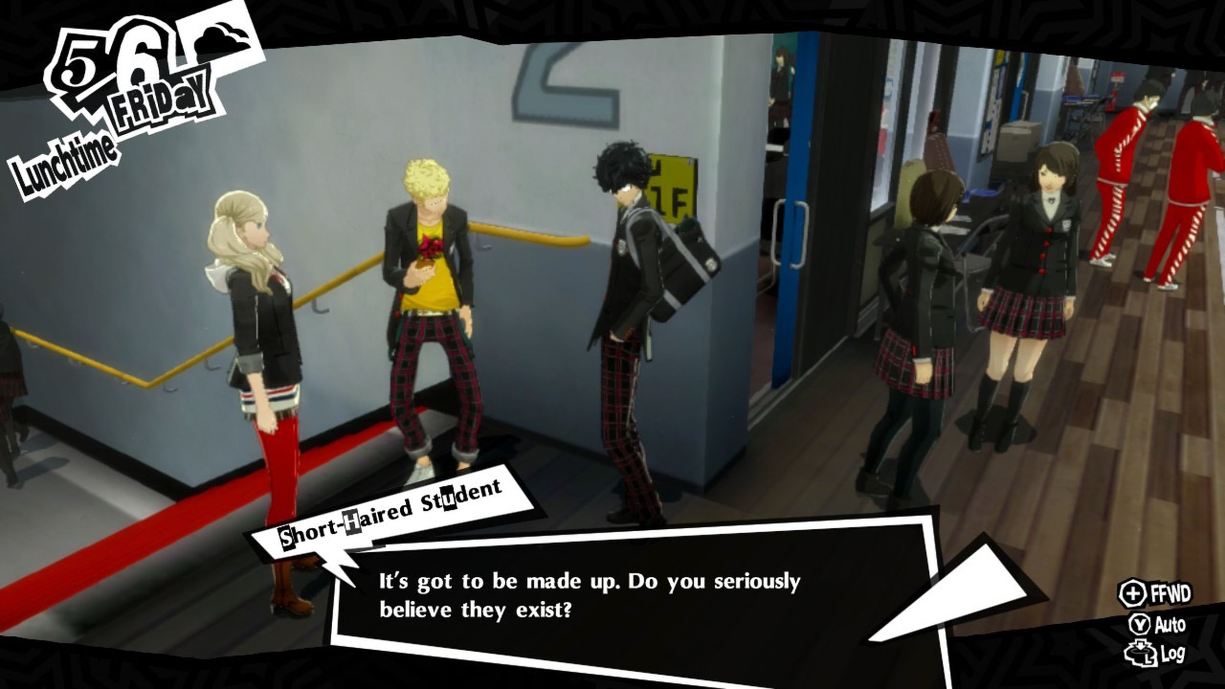 A screenshot from Persona 5 Royal. Five characters stand in a school.