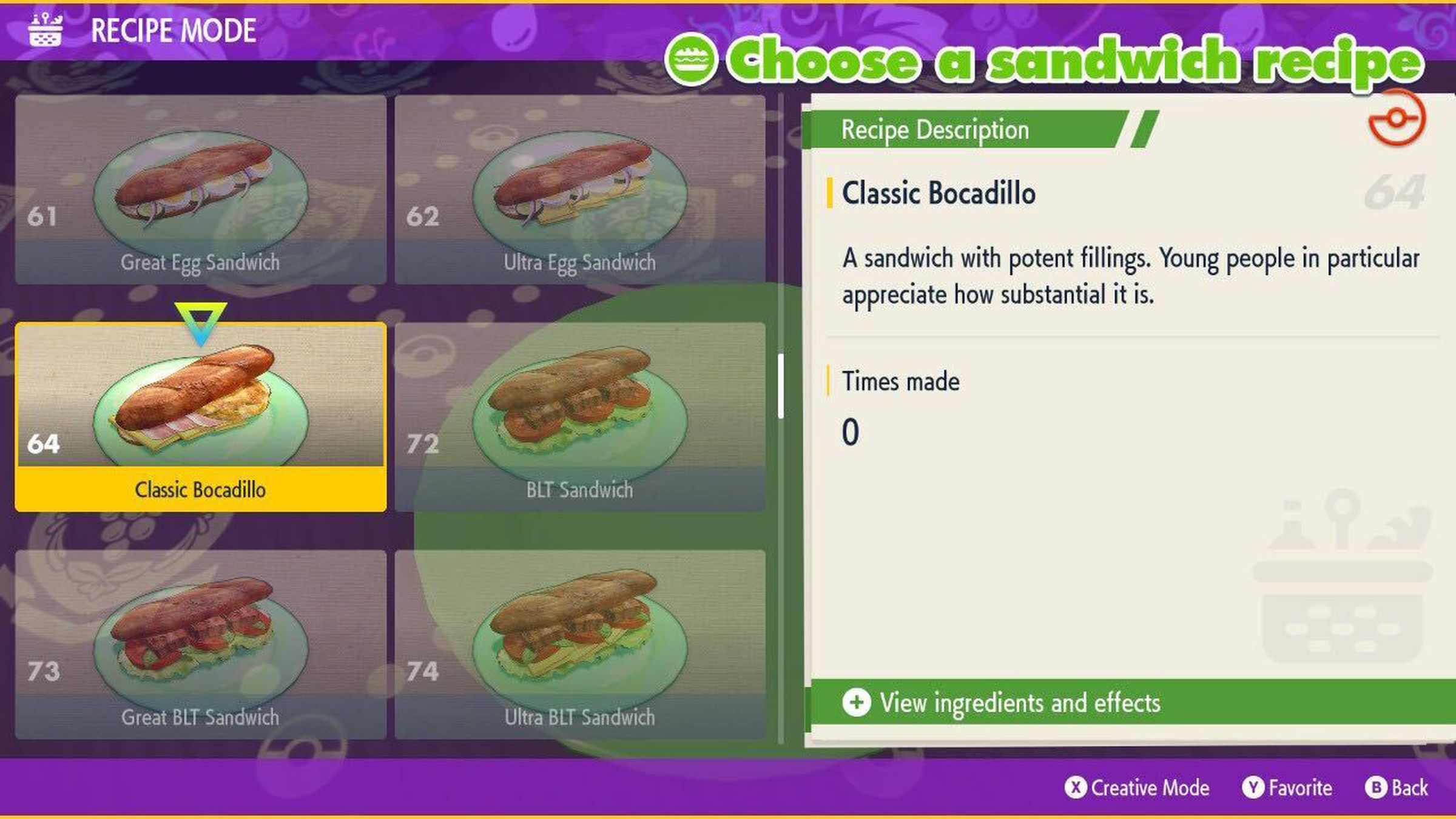 A menu displaying a number of custom sandwiches that can be made in Pokémon Scarlet and Violet.