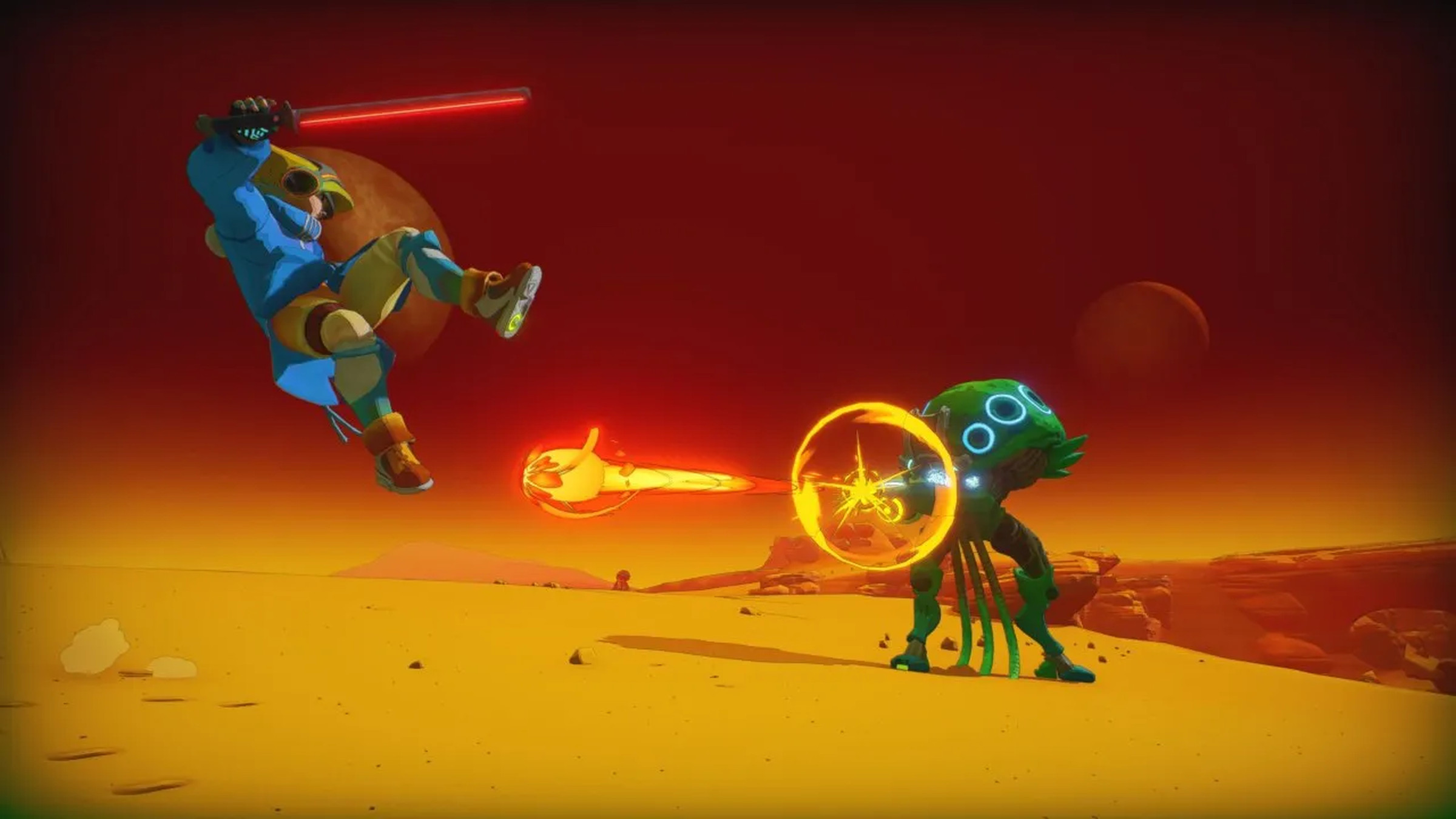 Screenshot from PixelJunk Raiders where a human player is dodging a laser bolt fired from a jellyfish like creature against a sandy landscape