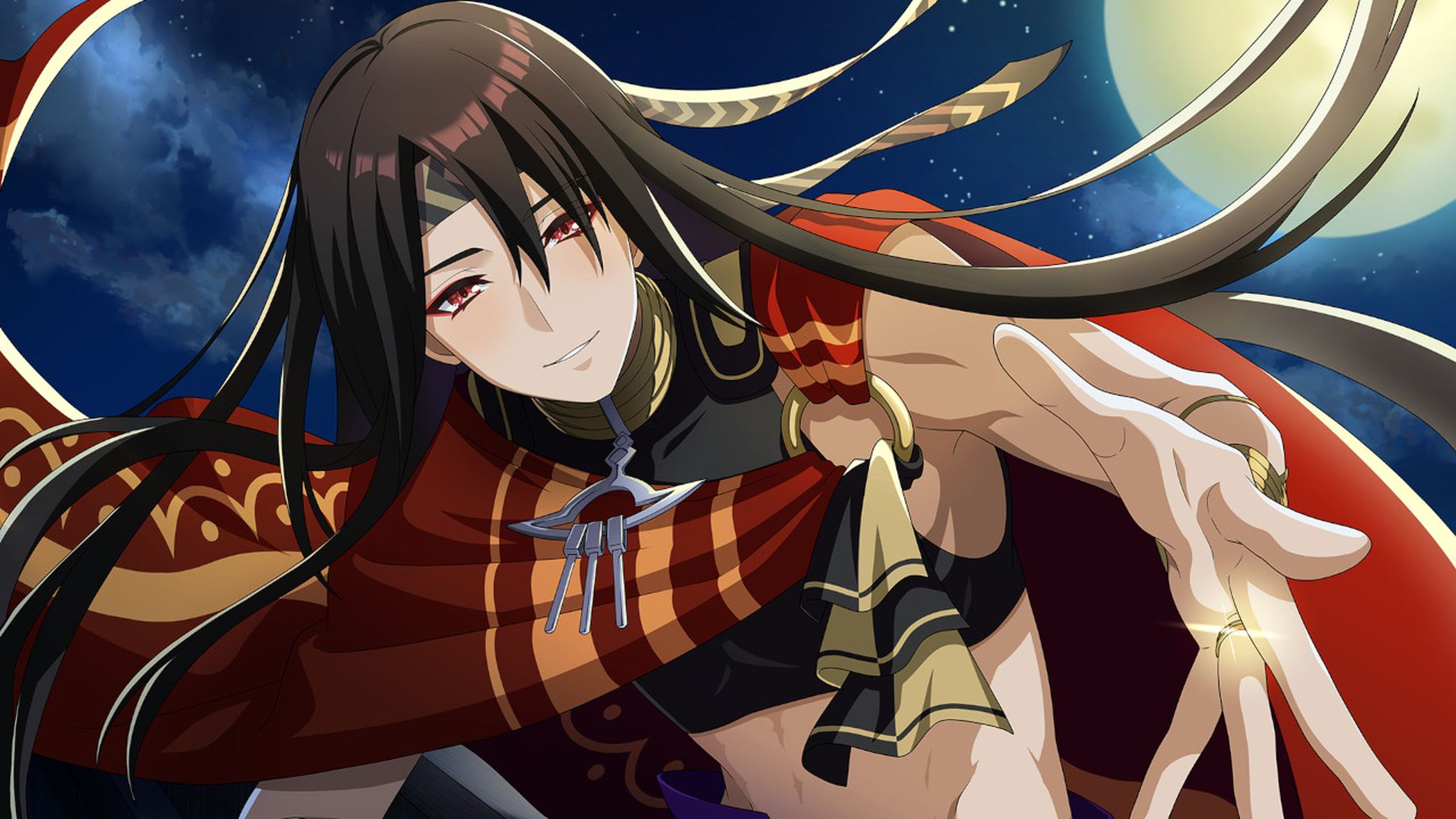 Screenshot from Fire Emblem Engage featuring a man with long black hair and flowy garments reaching out to the camera