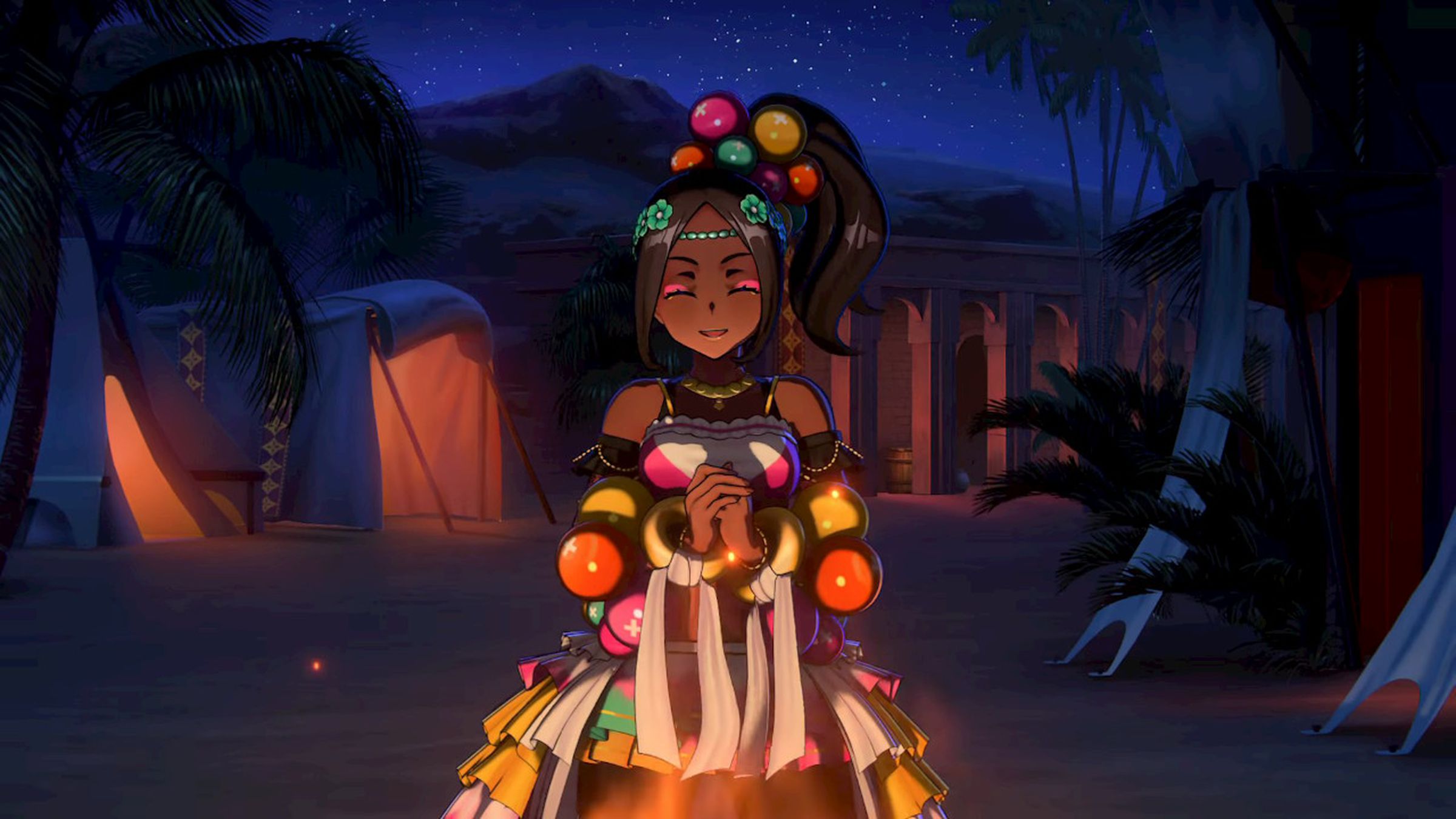 Screenshot di Fire Emblem Engage che mostra una donna dalla pelle scura con un'espressione allegra sul viso che indossa palline colorate